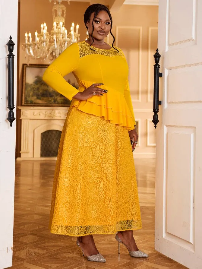 AOMEIDRESS Yellow A Line Maxi Dress O Neck Lace Patchwork Long Sleeve