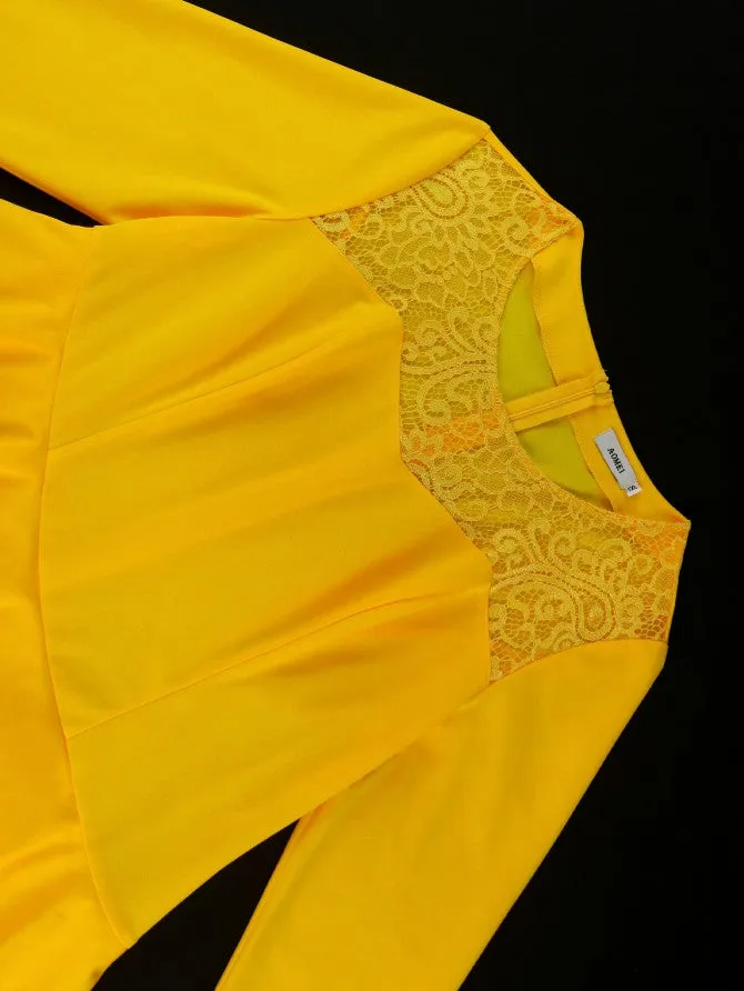 AOMEIDRESS Yellow A Line Maxi Dress O Neck Lace Patchwork Long Sleeve