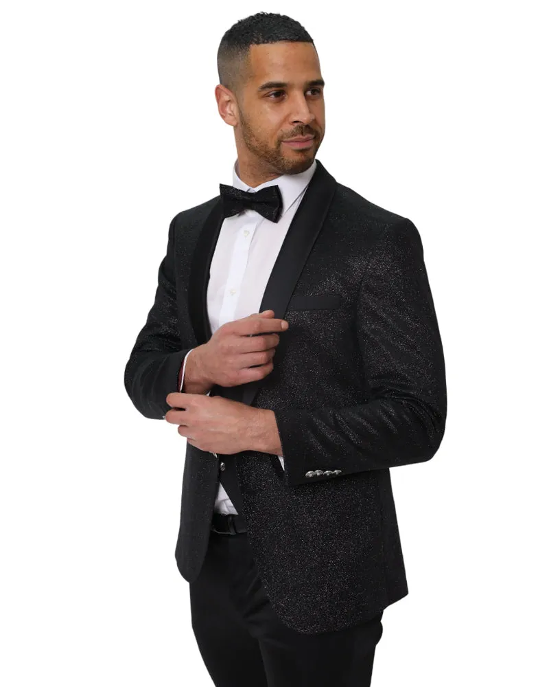 Black Men's Three Piece Glitter Wedding Suit Contrasting Lapel