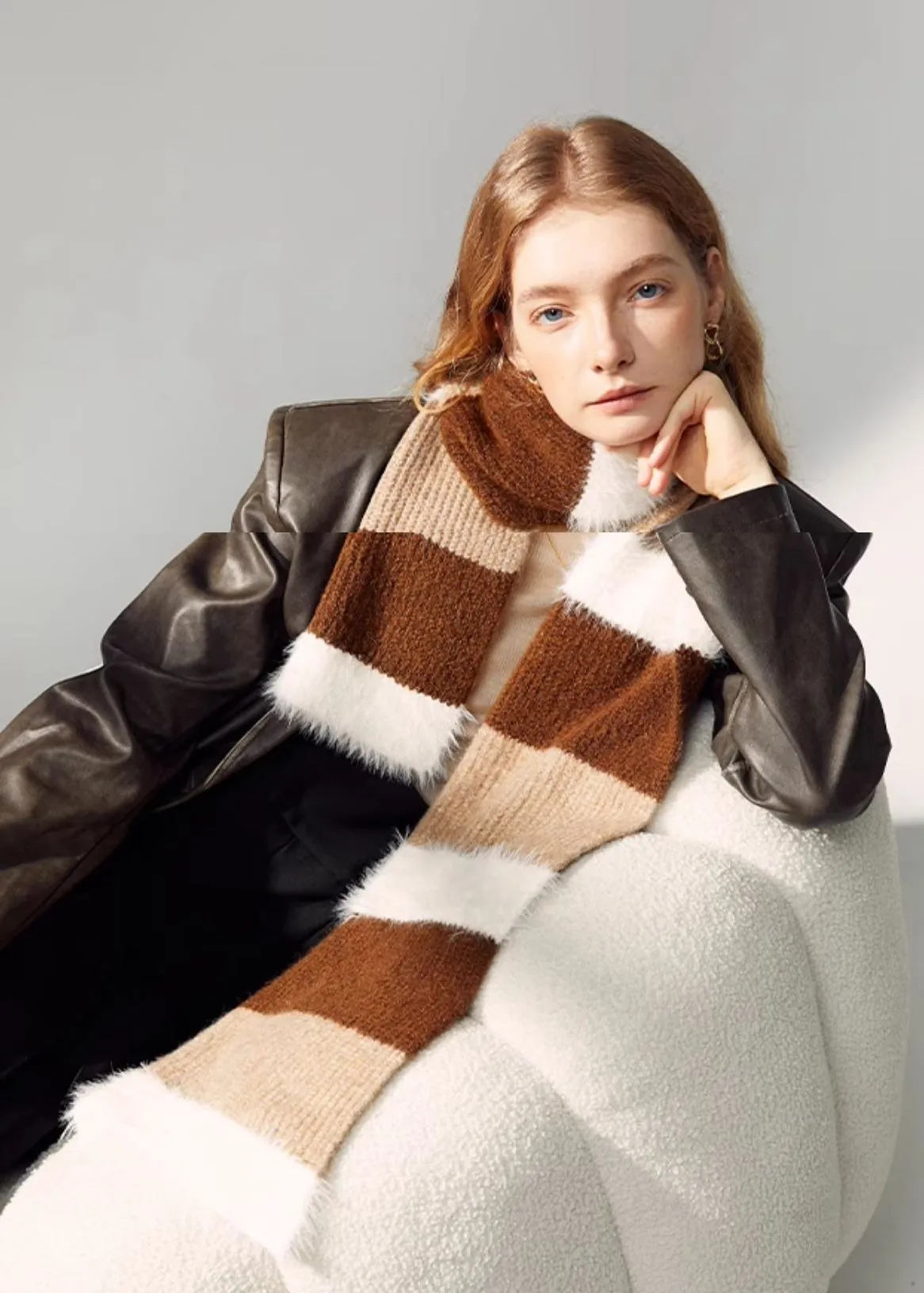 Brown Colorblock Wool Blend Long Scarf