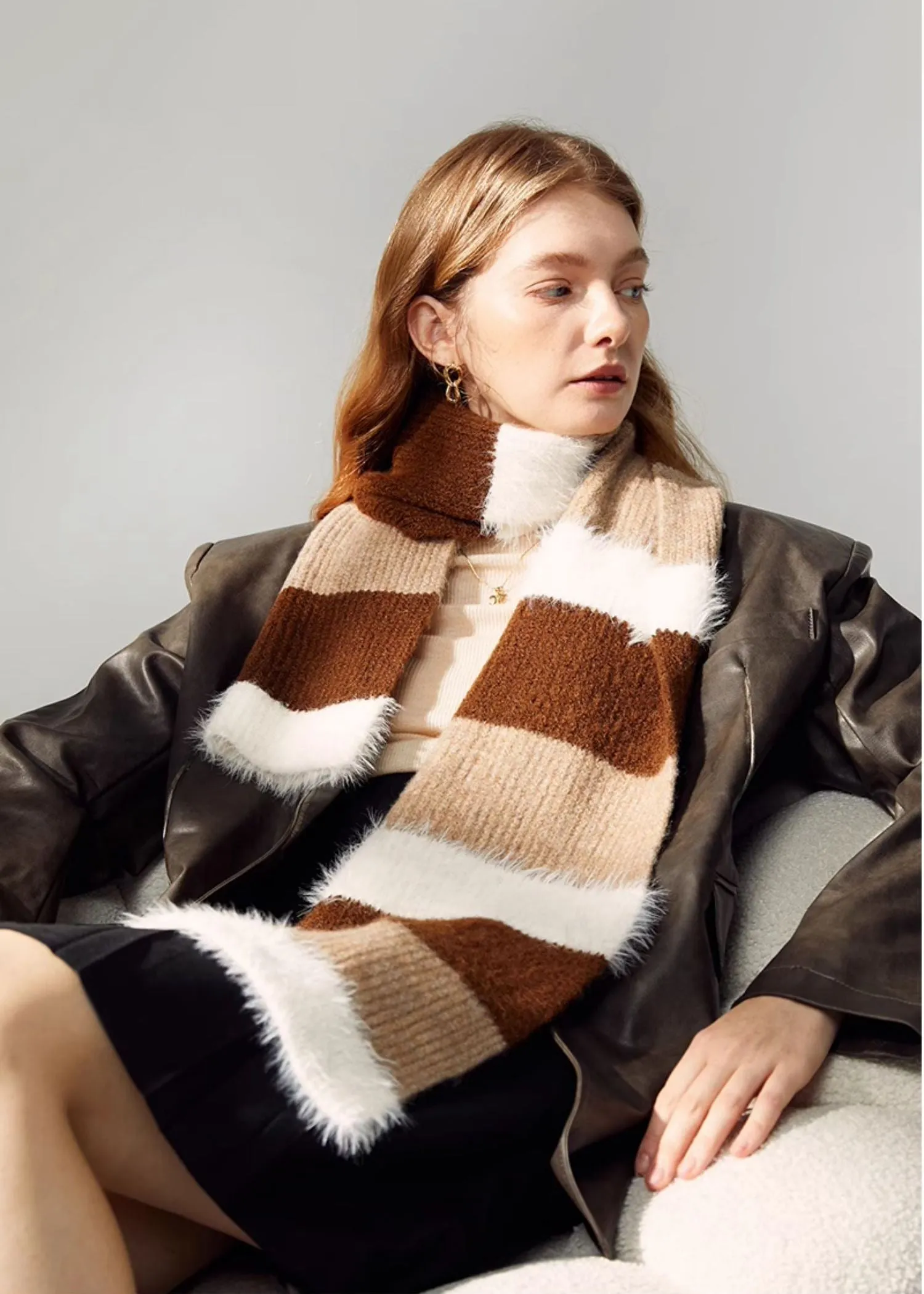 Brown Colorblock Wool Blend Long Scarf