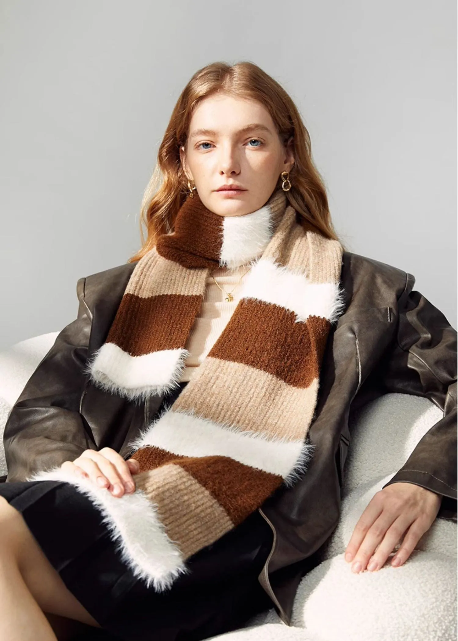 Brown Colorblock Wool Blend Long Scarf