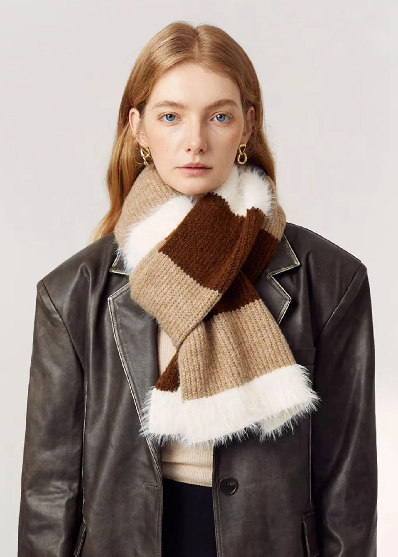 Brown Colorblock Wool Blend Long Scarf