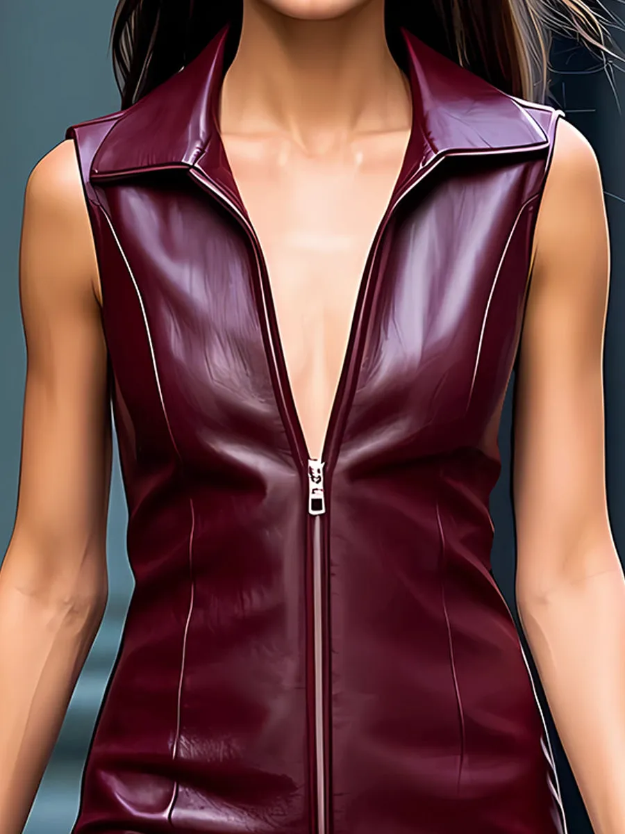 Burgundy Faux Leather Zip-Front Mini Dress