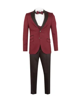 Burgundy Men's 4 Piece Glitter Suit Contrasting Lapel