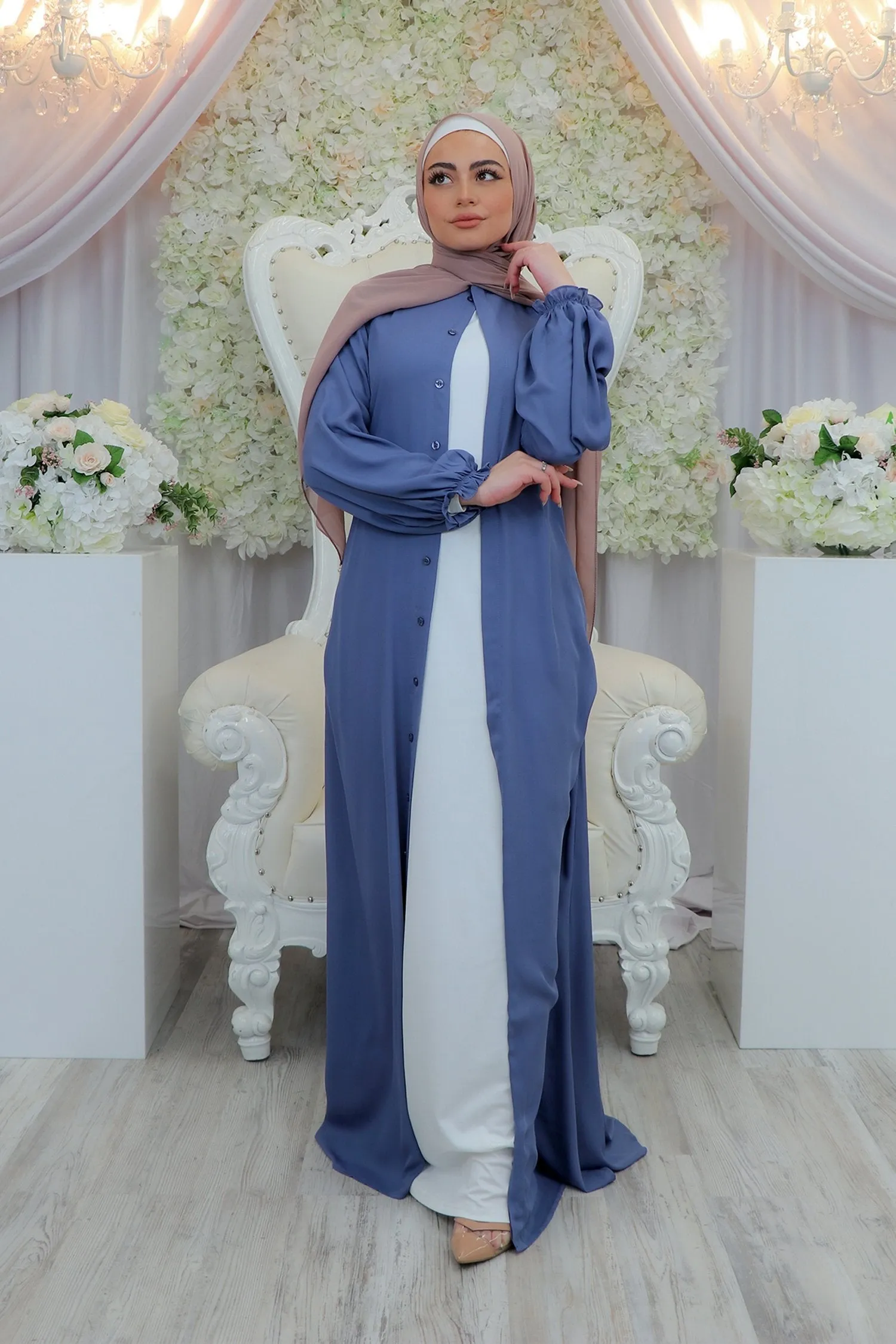 Chiffon Hidden Button Cardigan Dress- Blue Gray
