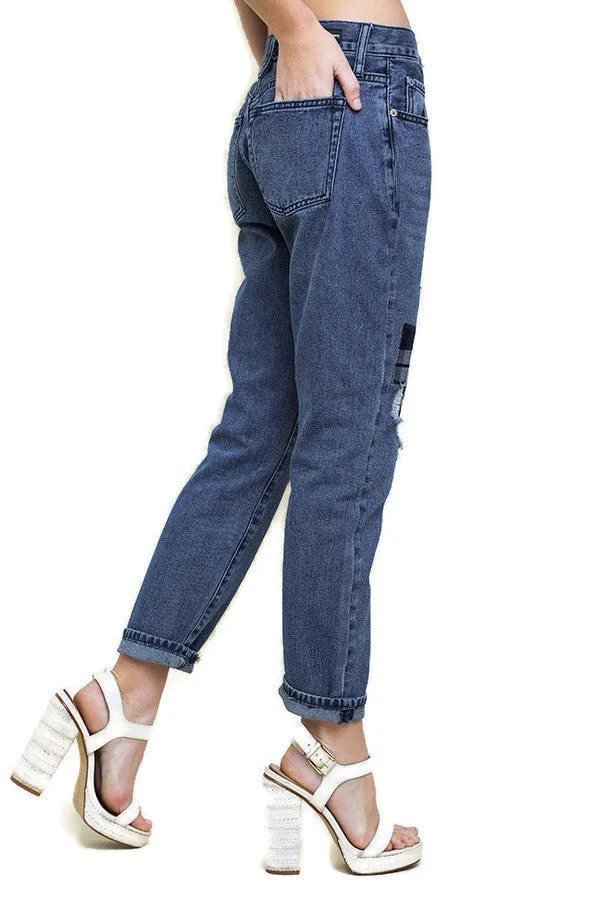 Distressed Patchwork Boyfriend Jeans