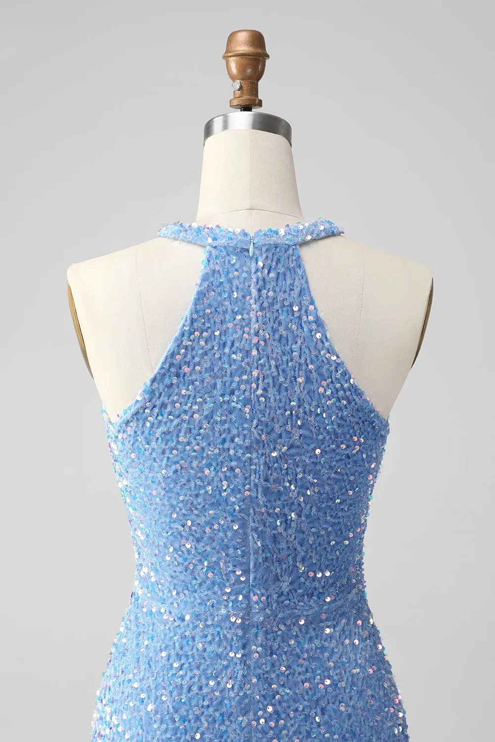 Glitter Lilac Bodycon Halter Sequin Short Homecoming Dress with Tassels