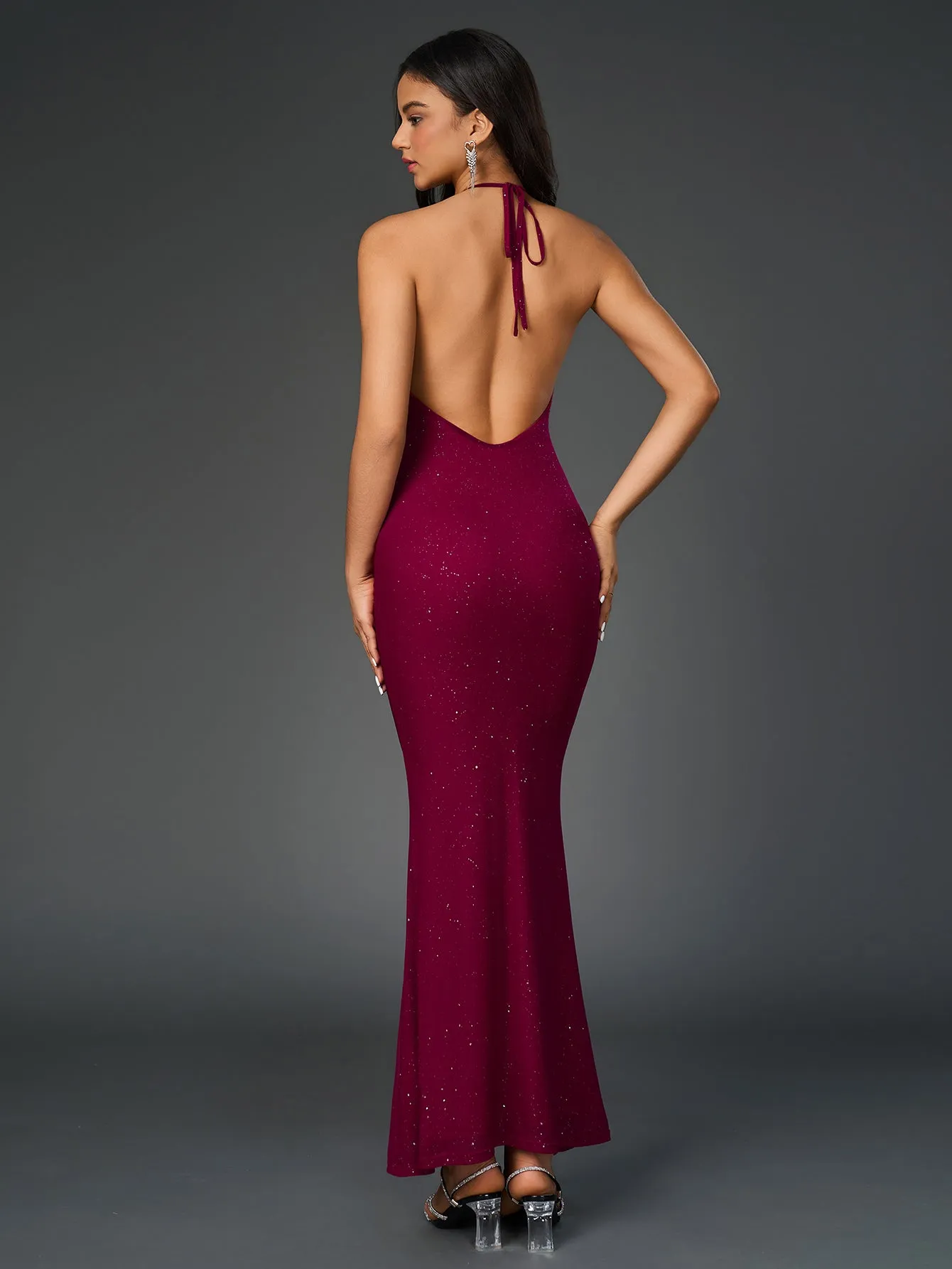 Halter Backless Mesh Sequin Bodycon Dress