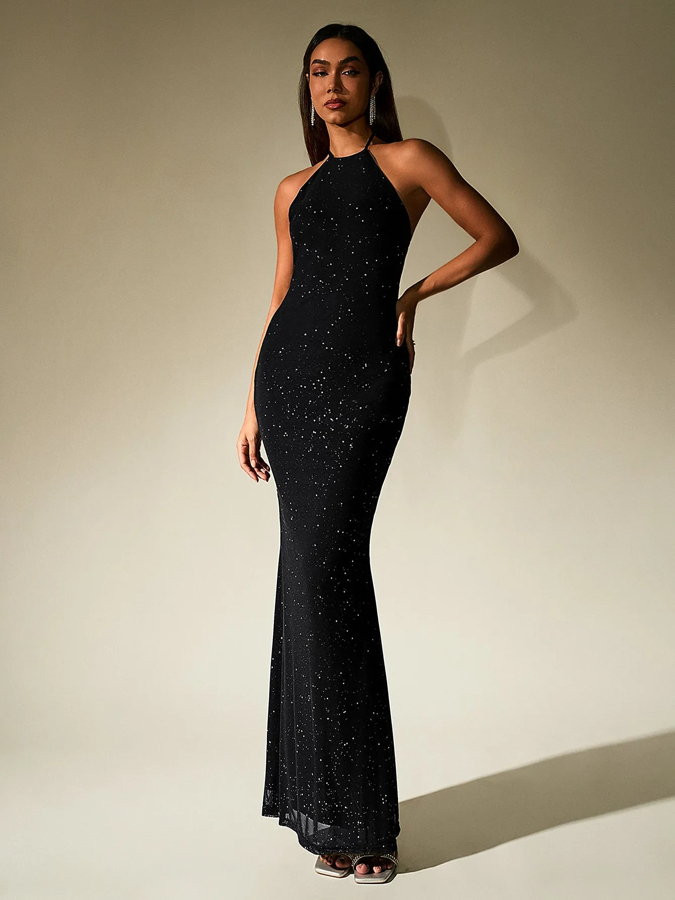 Halter Backless Mesh Sequin Bodycon Dress