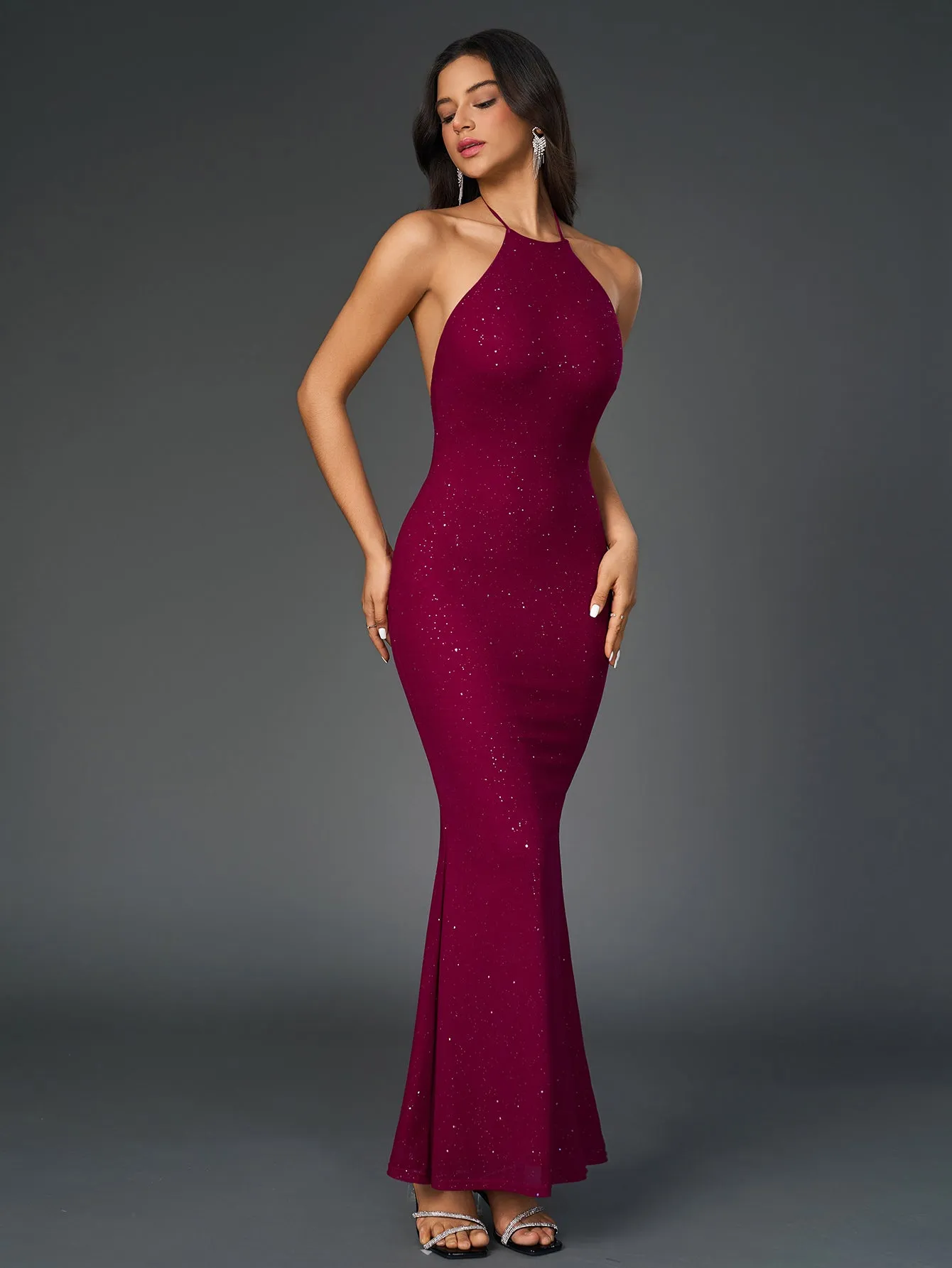 Halter Backless Mesh Sequin Bodycon Dress