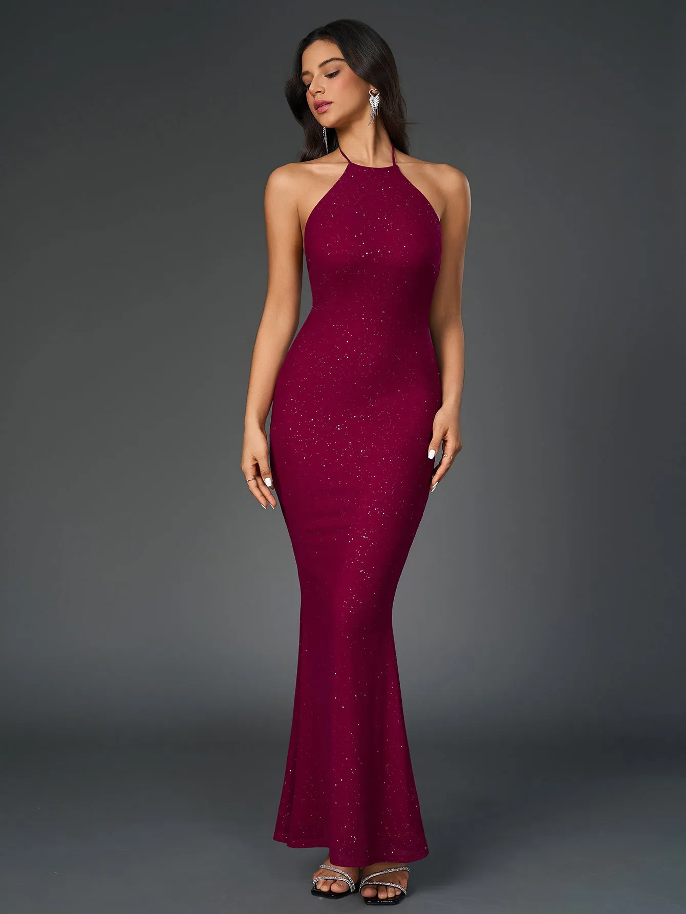 Halter Backless Mesh Sequin Bodycon Dress