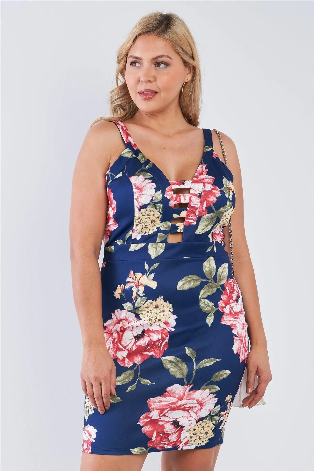 Junior Plus Size Navy Floral V-Neck Strap Front Bodycon Mini Dress /2-1-1