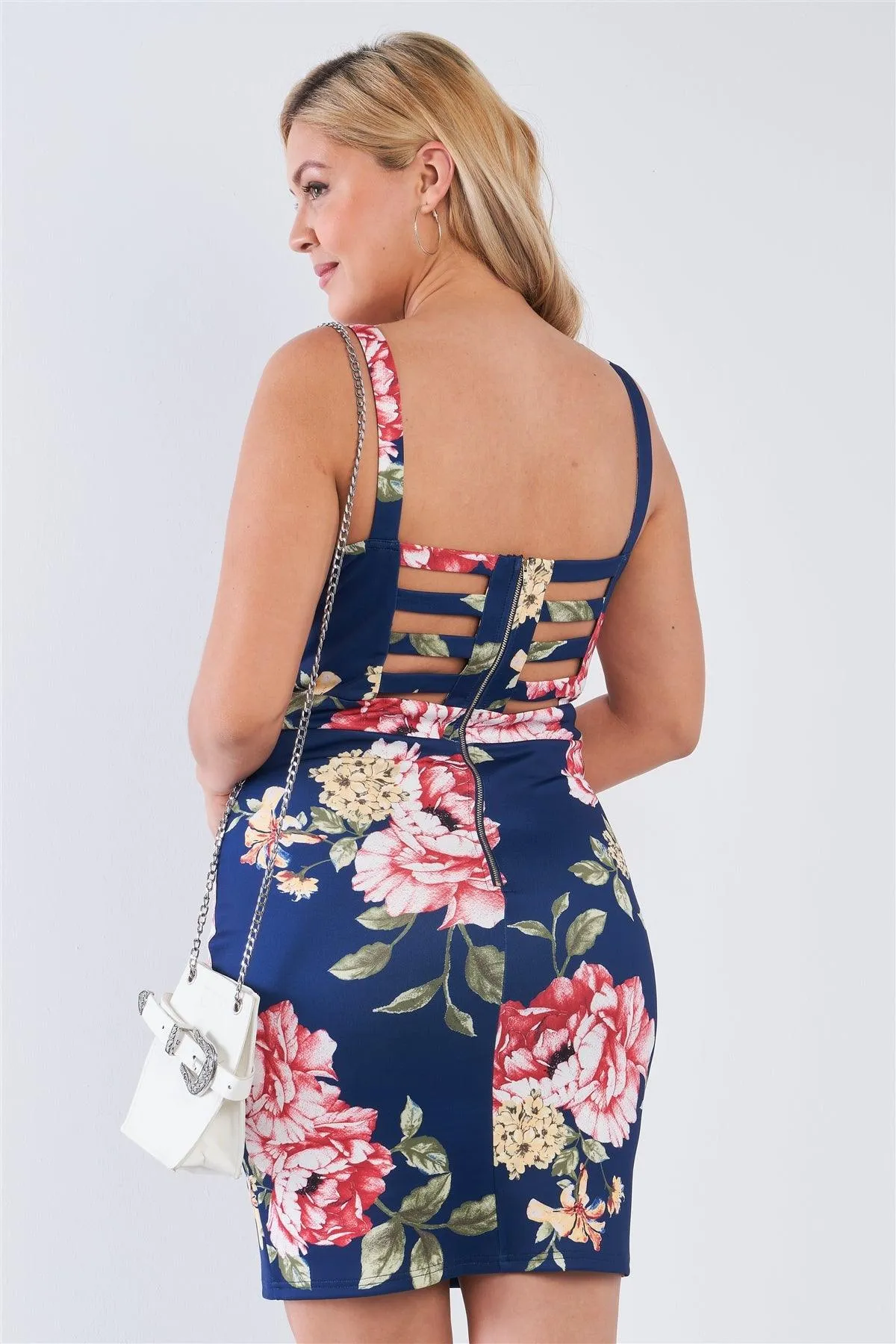 Junior Plus Size Navy Floral V-Neck Strap Front Bodycon Mini Dress /2-1-1