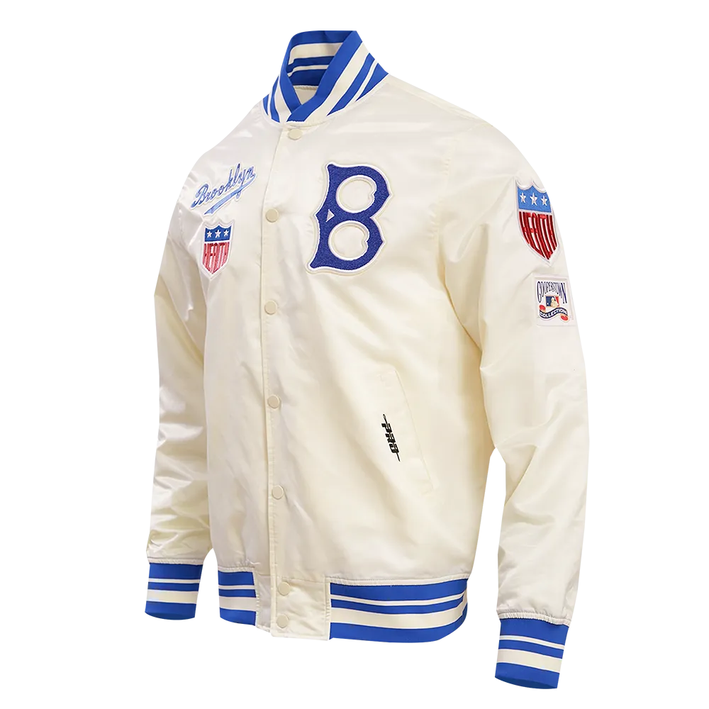 MLB BROOKLYN DODGERS RETRO CLASSIC MEN'S RIB SATIN JACKET (EGGSHELL/ ROYAL BLUE)