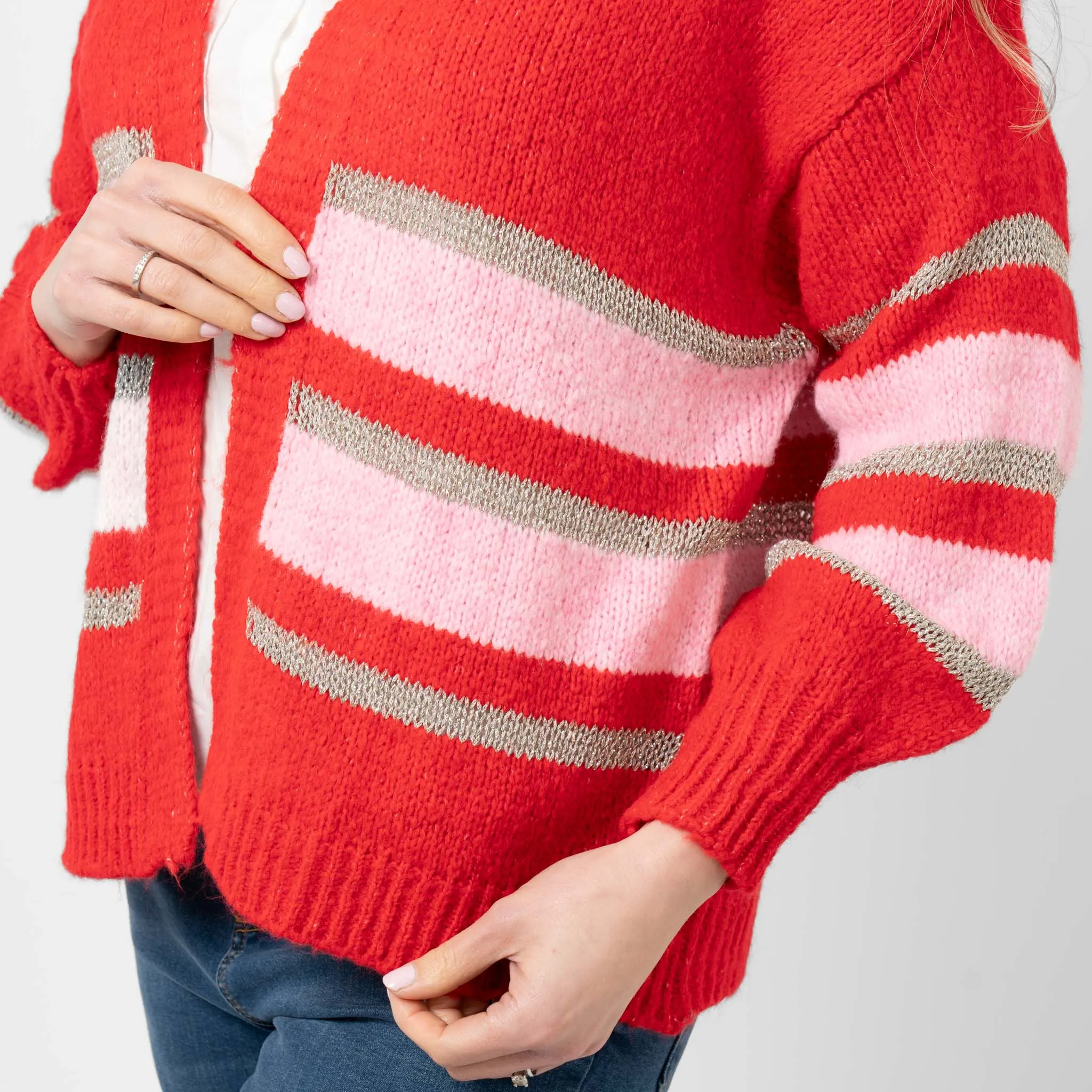 Paris Wool Blend Cardigan - Red/Light Pink/Gold, Striped