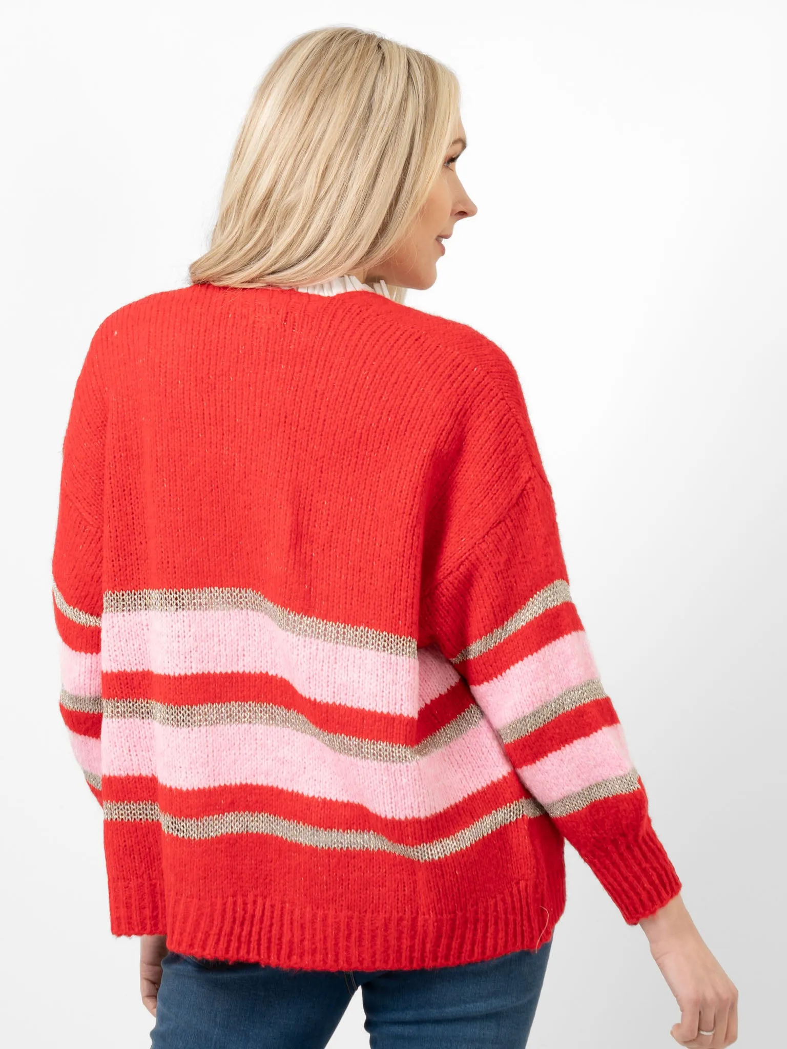 Paris Wool Blend Cardigan - Red/Light Pink/Gold, Striped