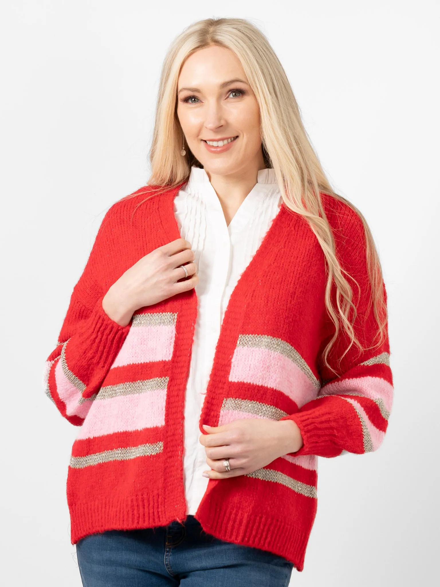 Paris Wool Blend Cardigan - Red/Light Pink/Gold, Striped