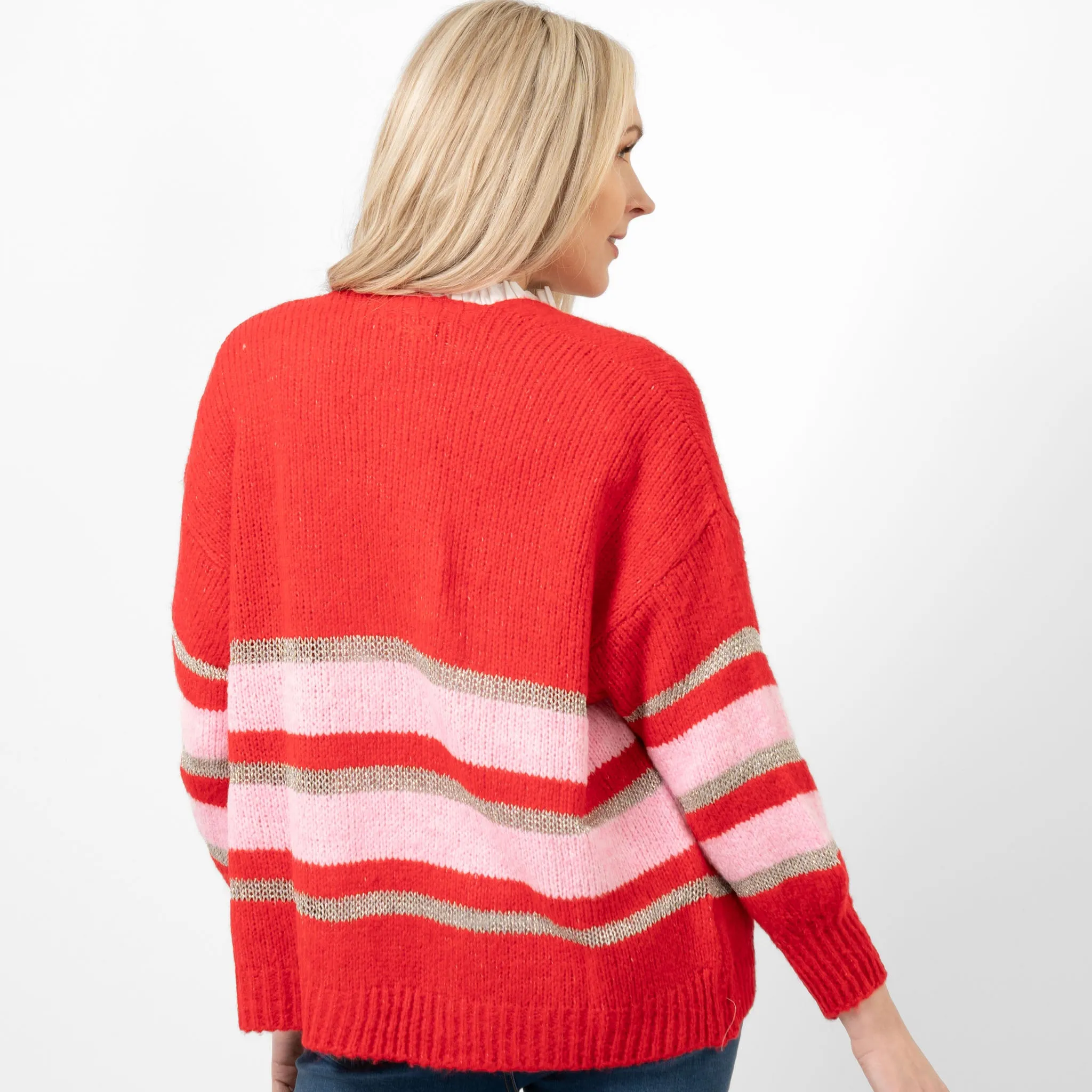 Paris Wool Blend Cardigan - Red/Light Pink/Gold, Striped