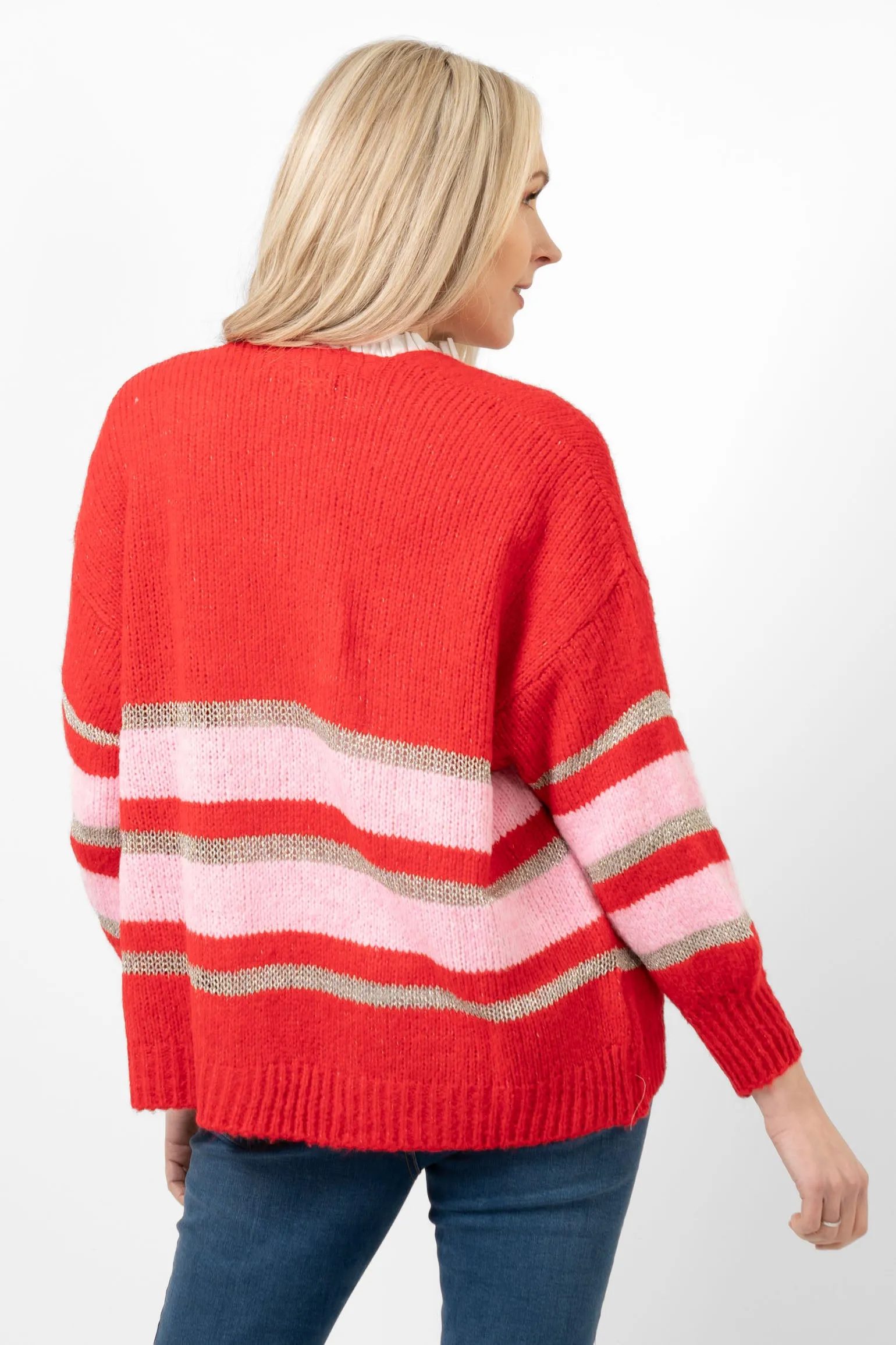 Paris Wool Blend Cardigan - Red/Light Pink/Gold, Striped