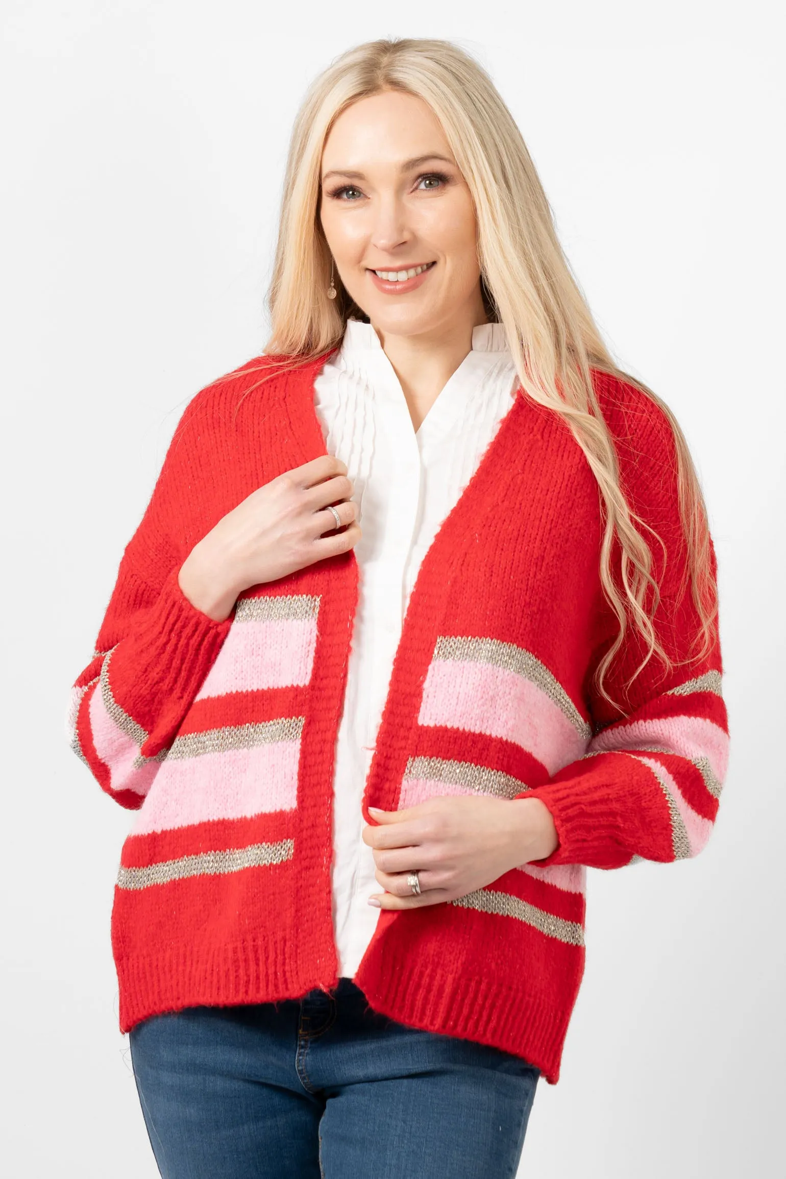 Paris Wool Blend Cardigan - Red/Light Pink/Gold, Striped