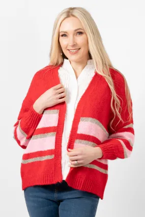 Paris Wool Blend Cardigan - Red/Light Pink/Gold, Striped