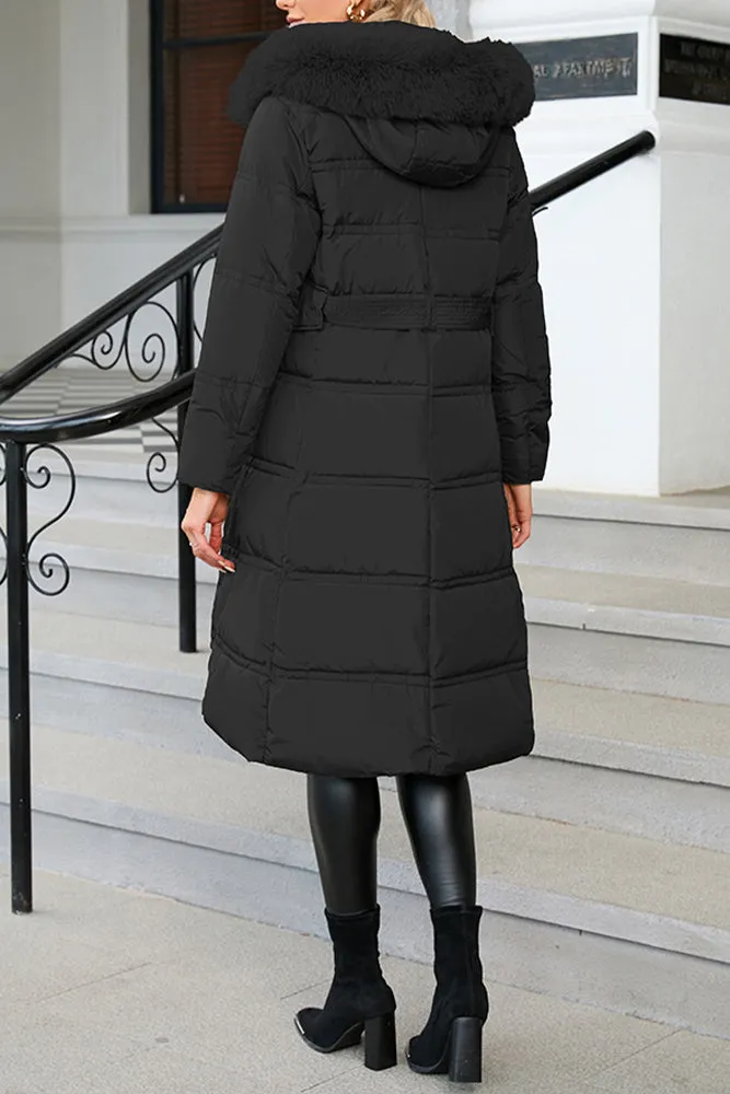 Plain Long Length Down Coat with Belt and Fur Hooded