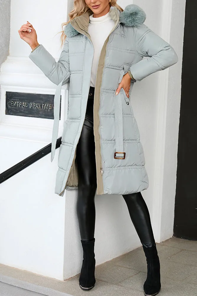 Plain Long Length Down Coat with Belt and Fur Hooded