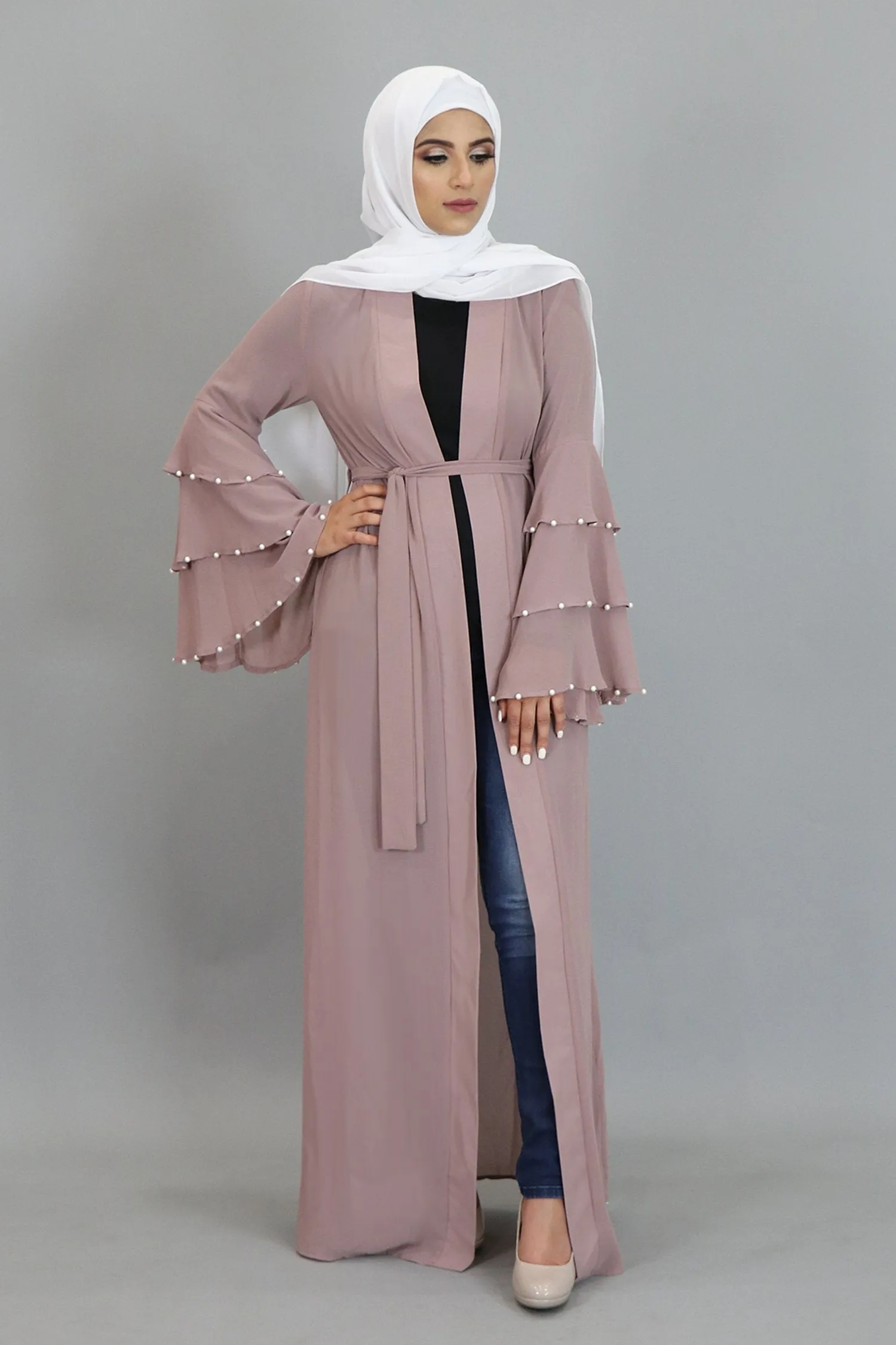 Rose Pink Chiffon Pearls Abaya Cardigan Dress