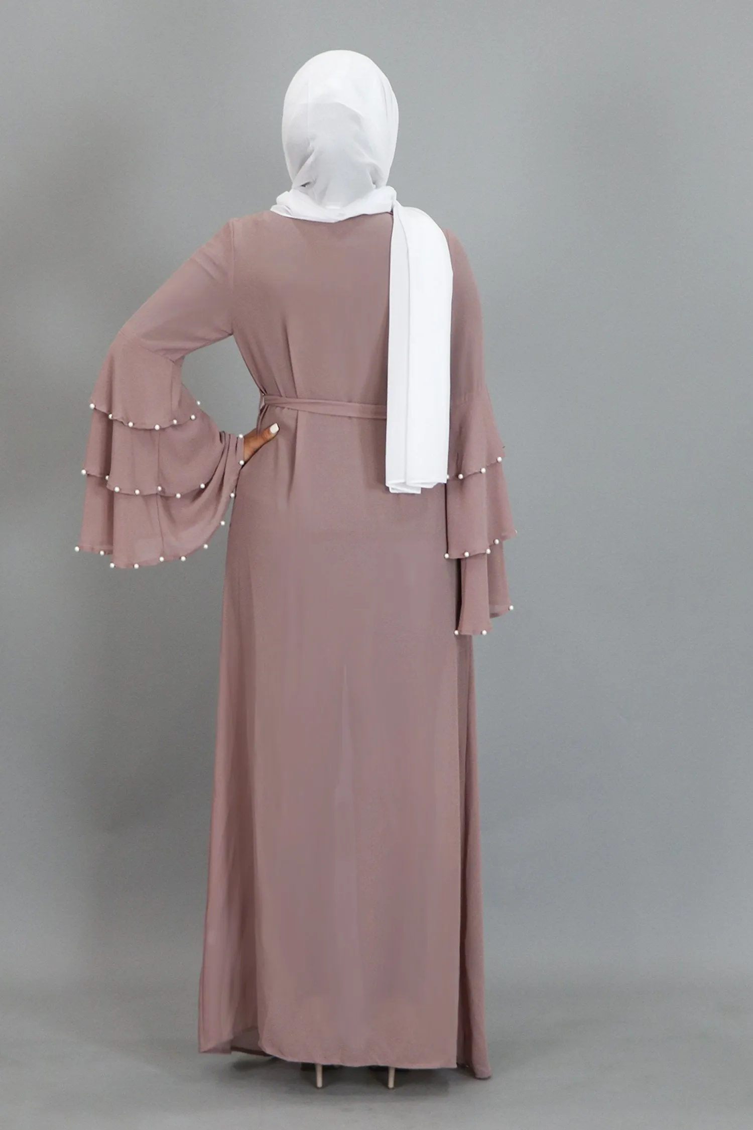 Rose Pink Chiffon Pearls Abaya Cardigan Dress