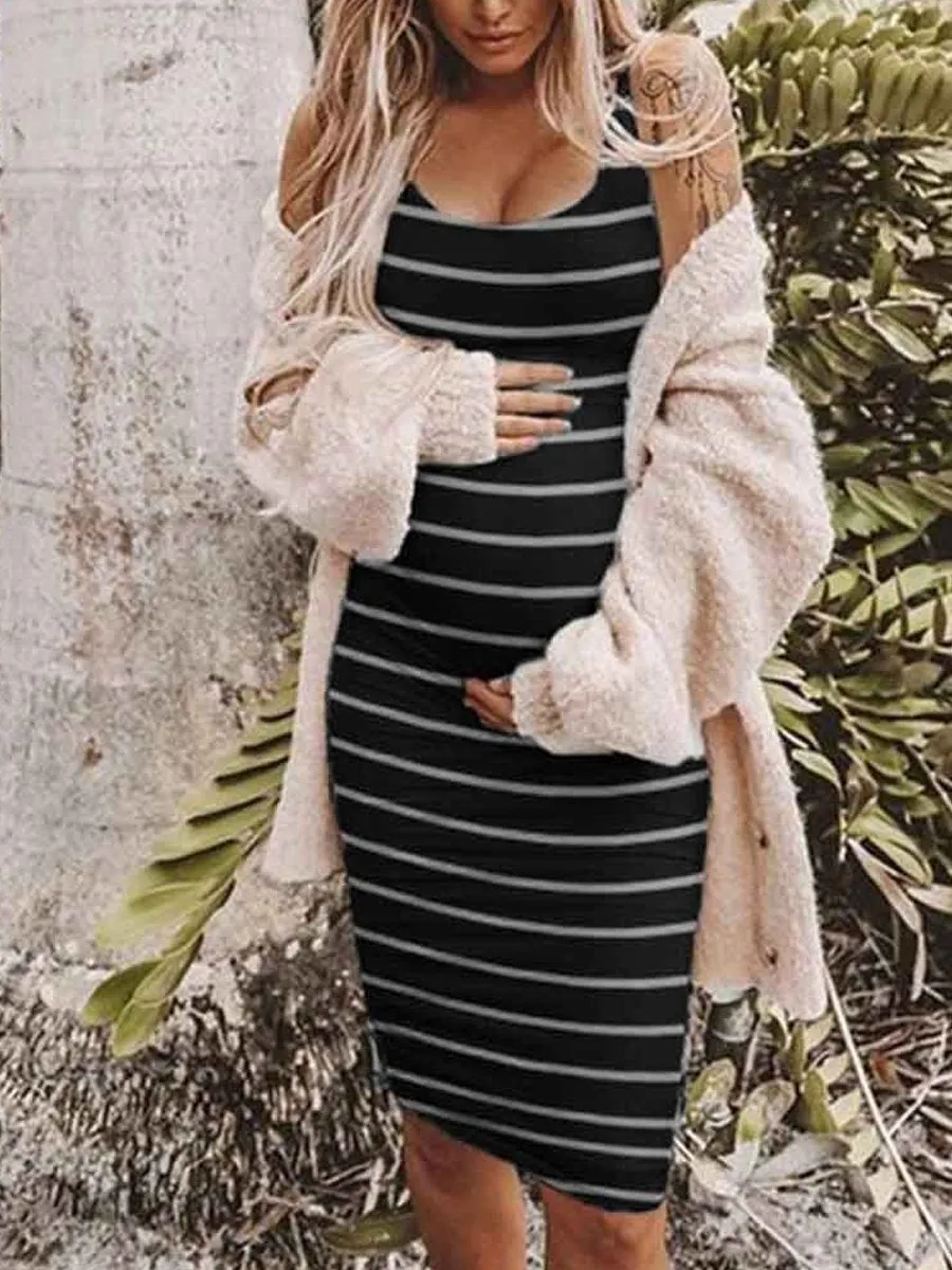 Round Neck Sleeveless Striped Maternity Tank Dress