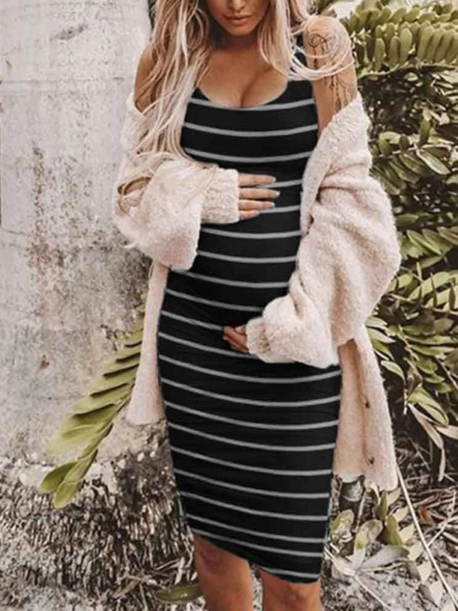 Round Neck Sleeveless Striped Maternity Tank Dress