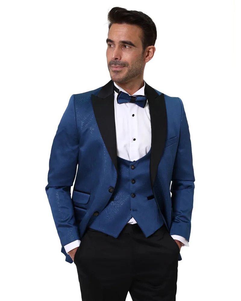 Royal Blue Men's Three Piece Glitter Suit Contrasting Lapel