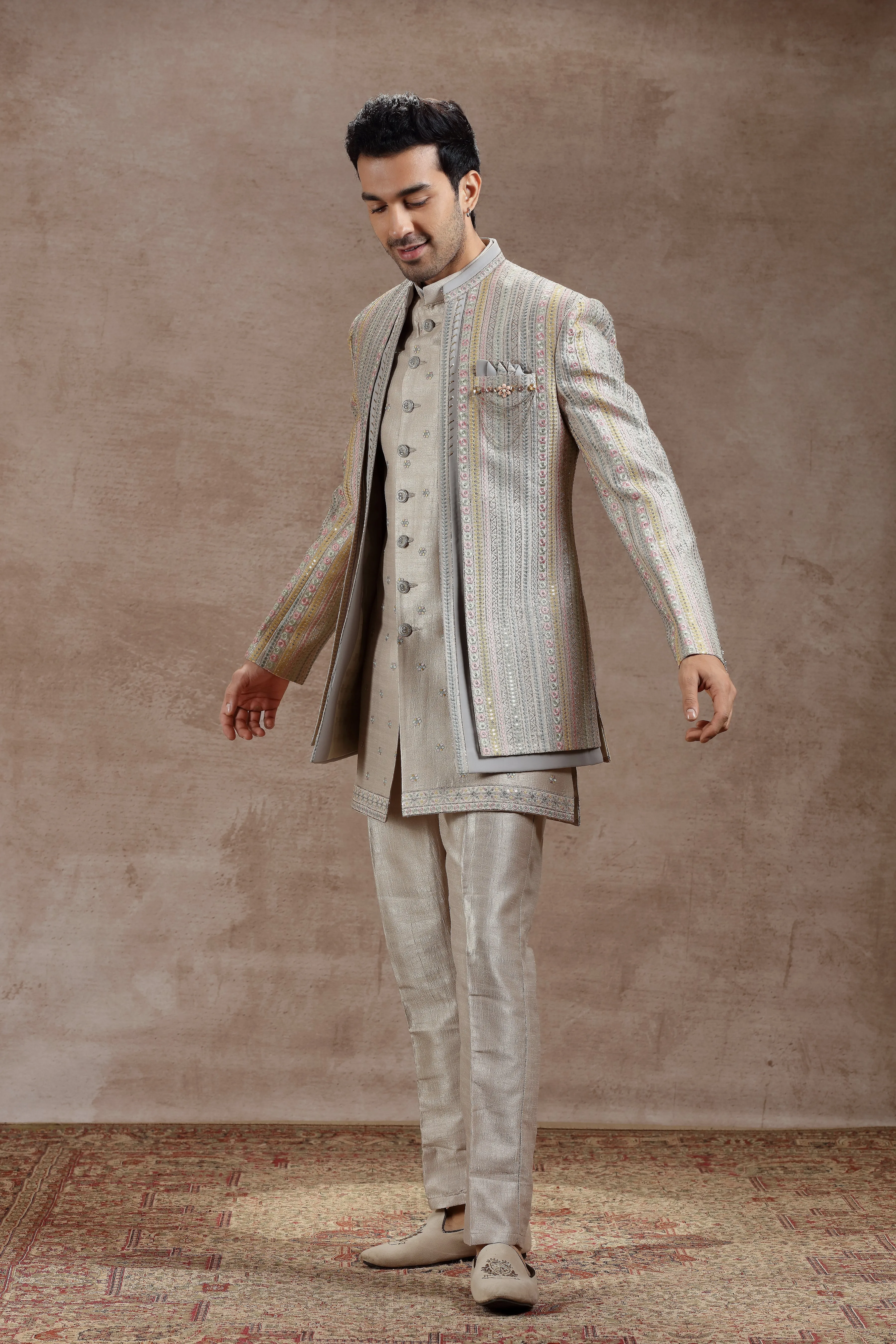 Silver Silk Indowestern With Multicolor Embroidery