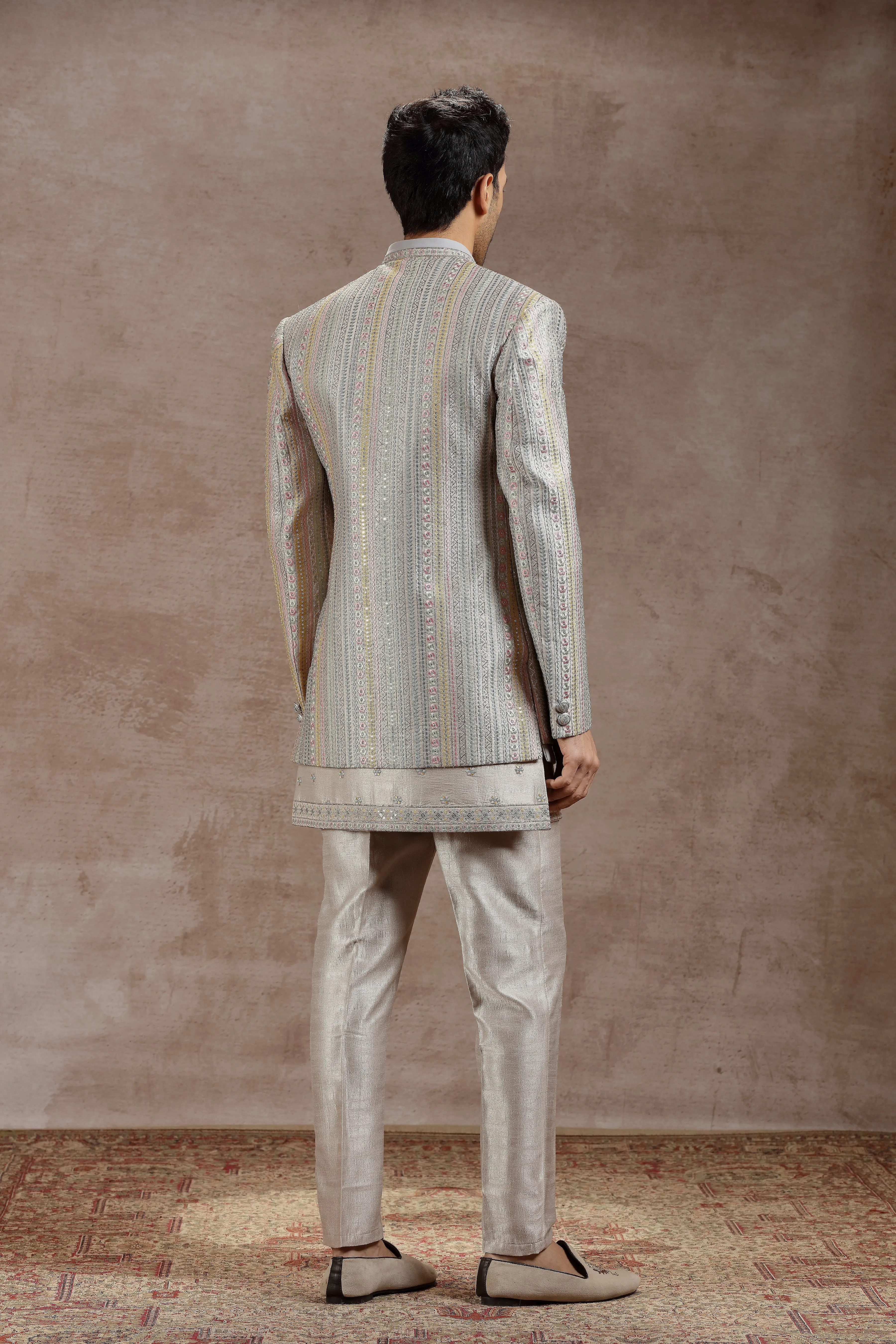 Silver Silk Indowestern With Multicolor Embroidery
