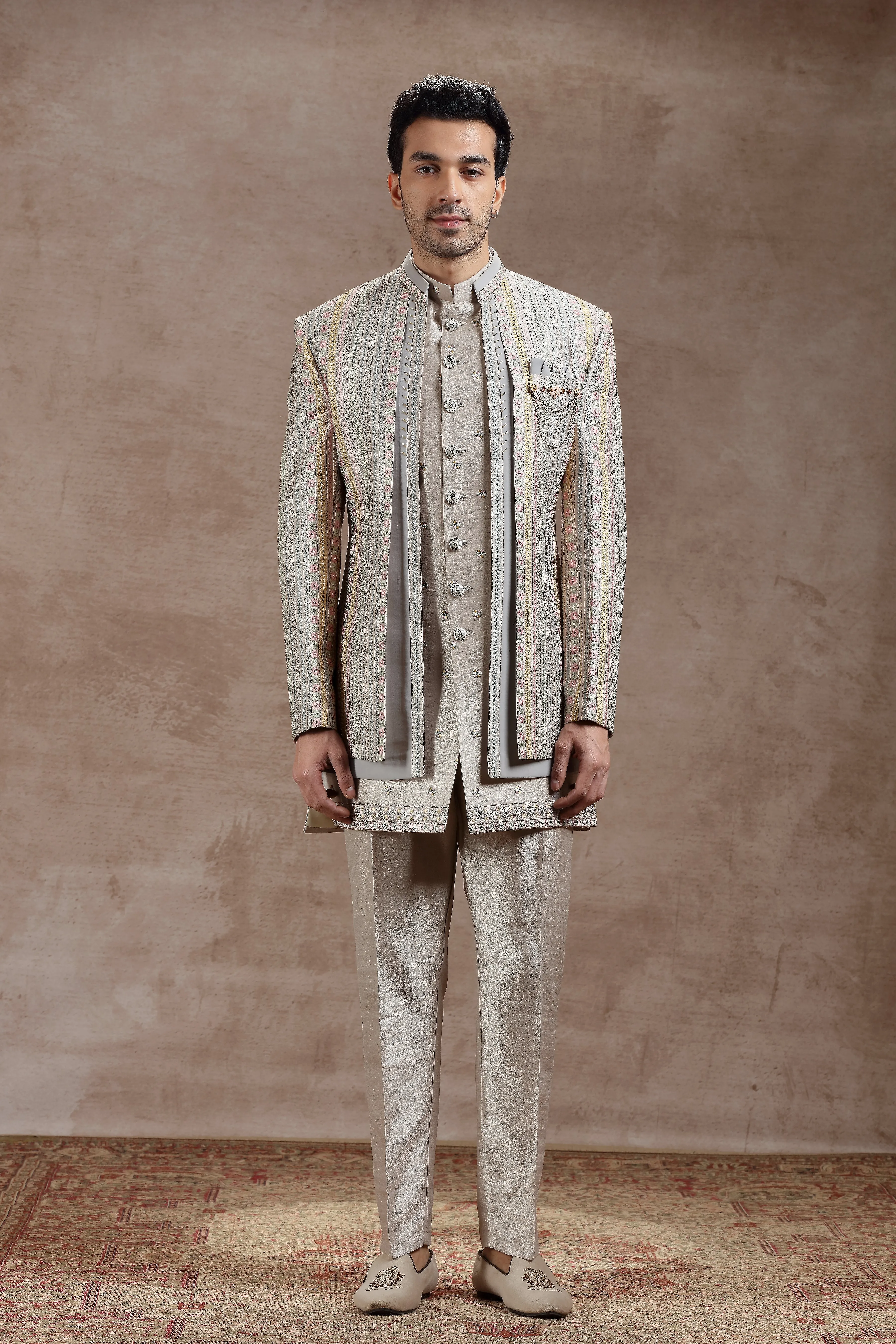 Silver Silk Indowestern With Multicolor Embroidery