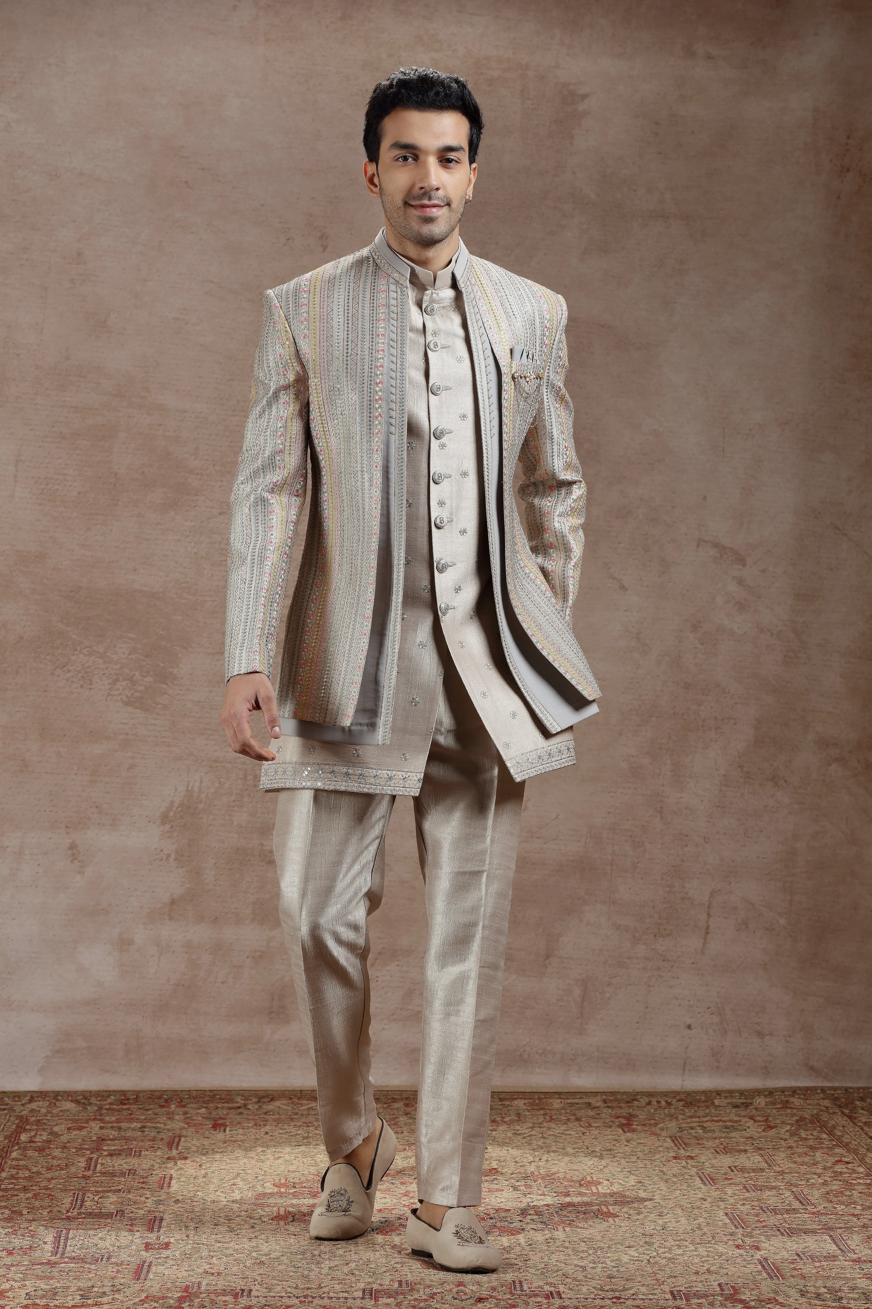 Silver Silk Indowestern With Multicolor Embroidery
