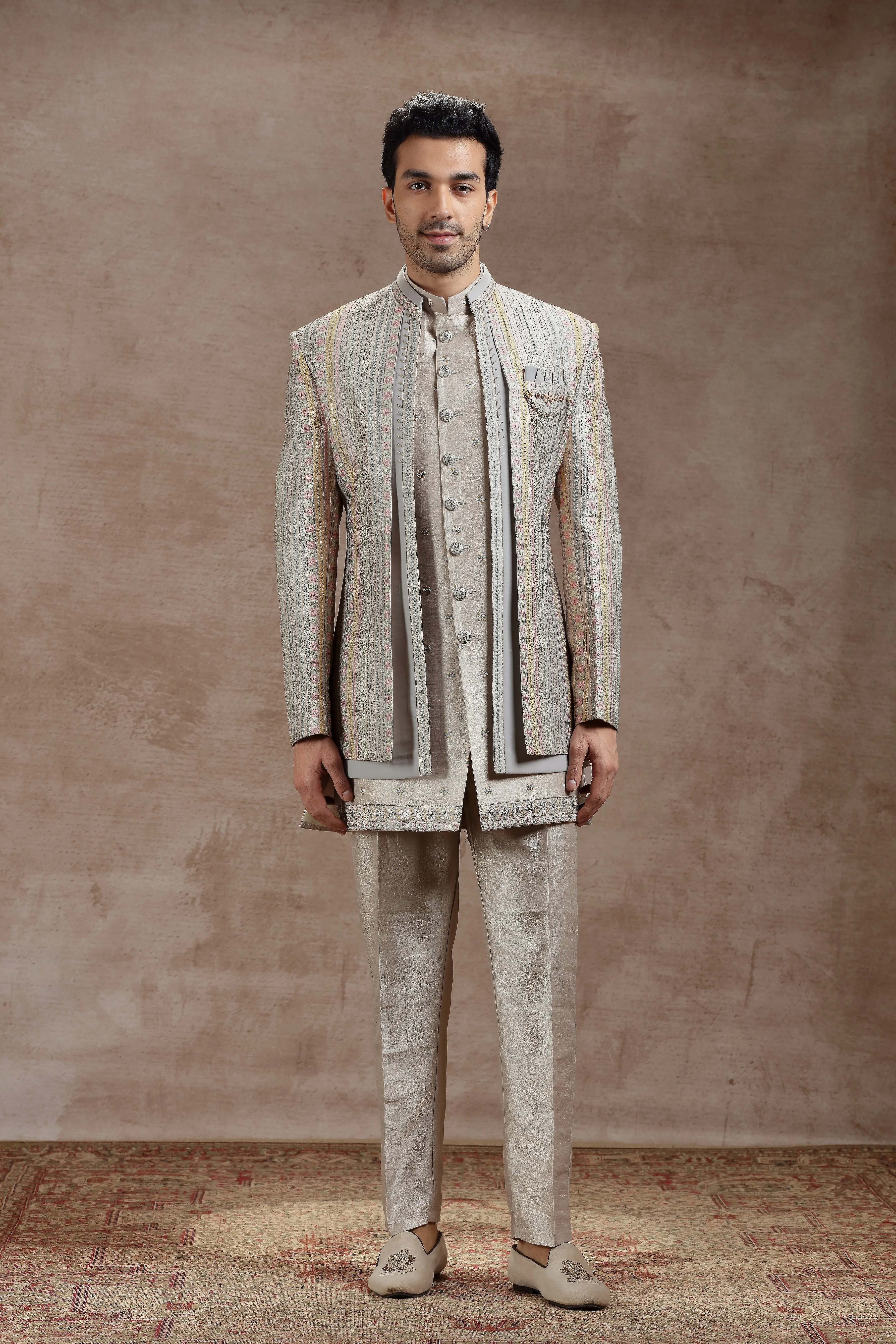 Silver Silk Indowestern With Multicolor Embroidery
