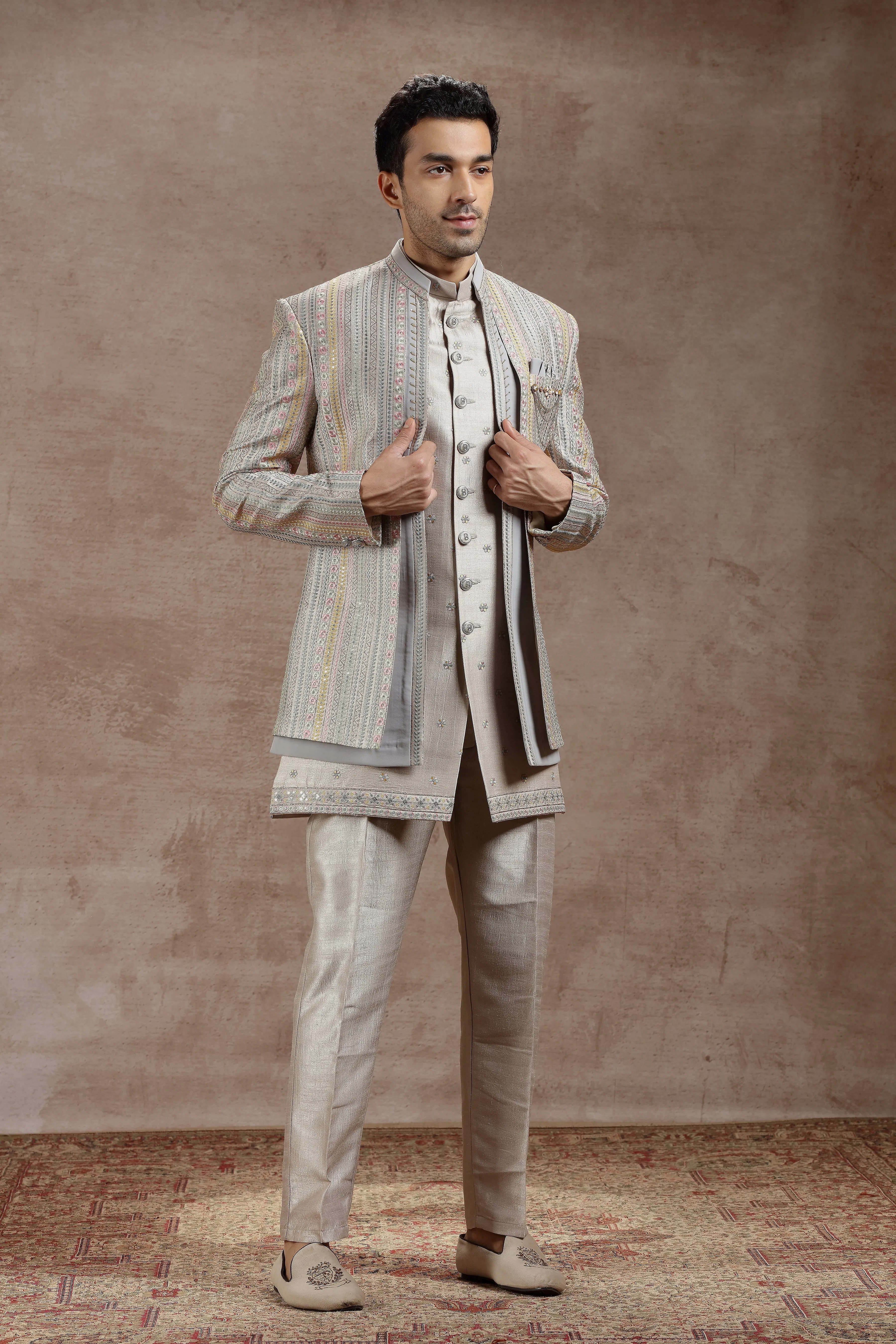 Silver Silk Indowestern With Multicolor Embroidery