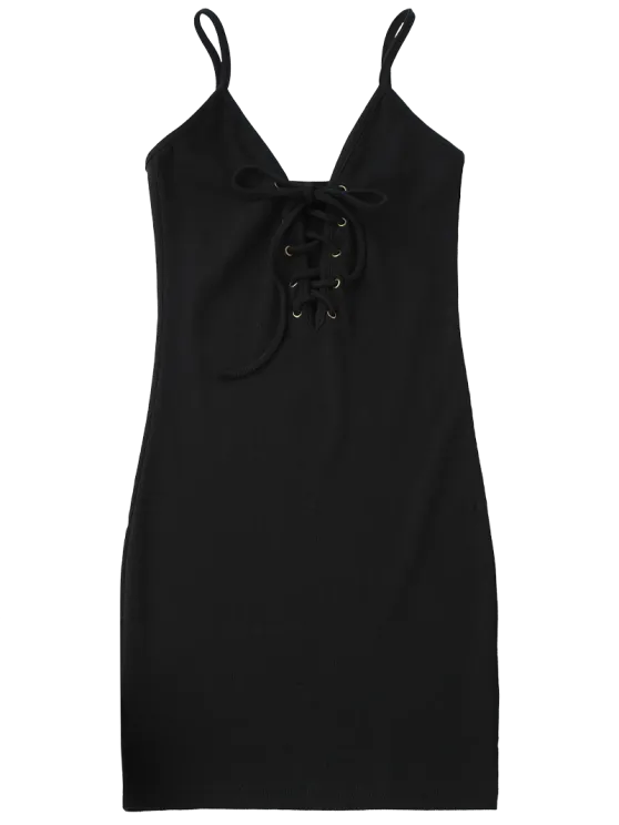 TastyHottie - Pretty Lace Up Cami Knit Bodycon Dress