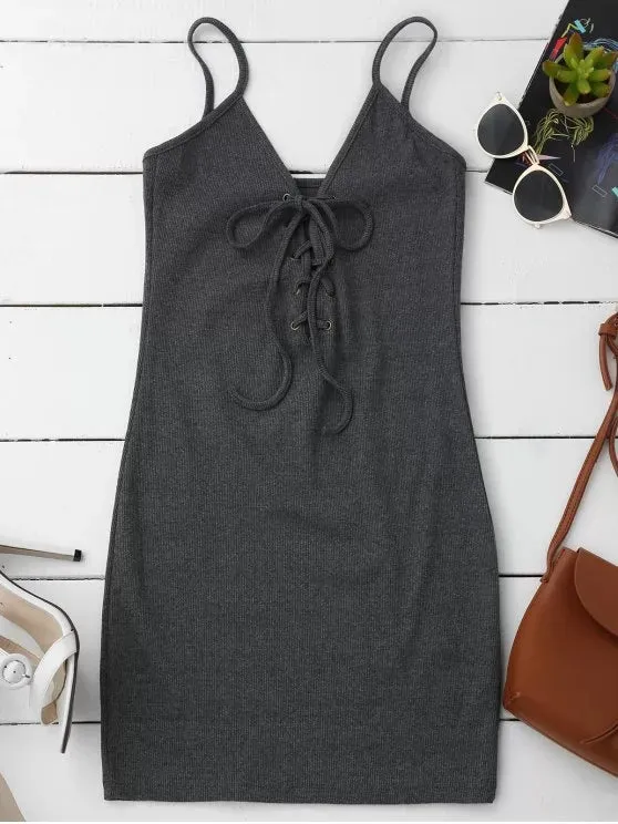 TastyHottie - Pretty Lace Up Cami Knit Bodycon Dress