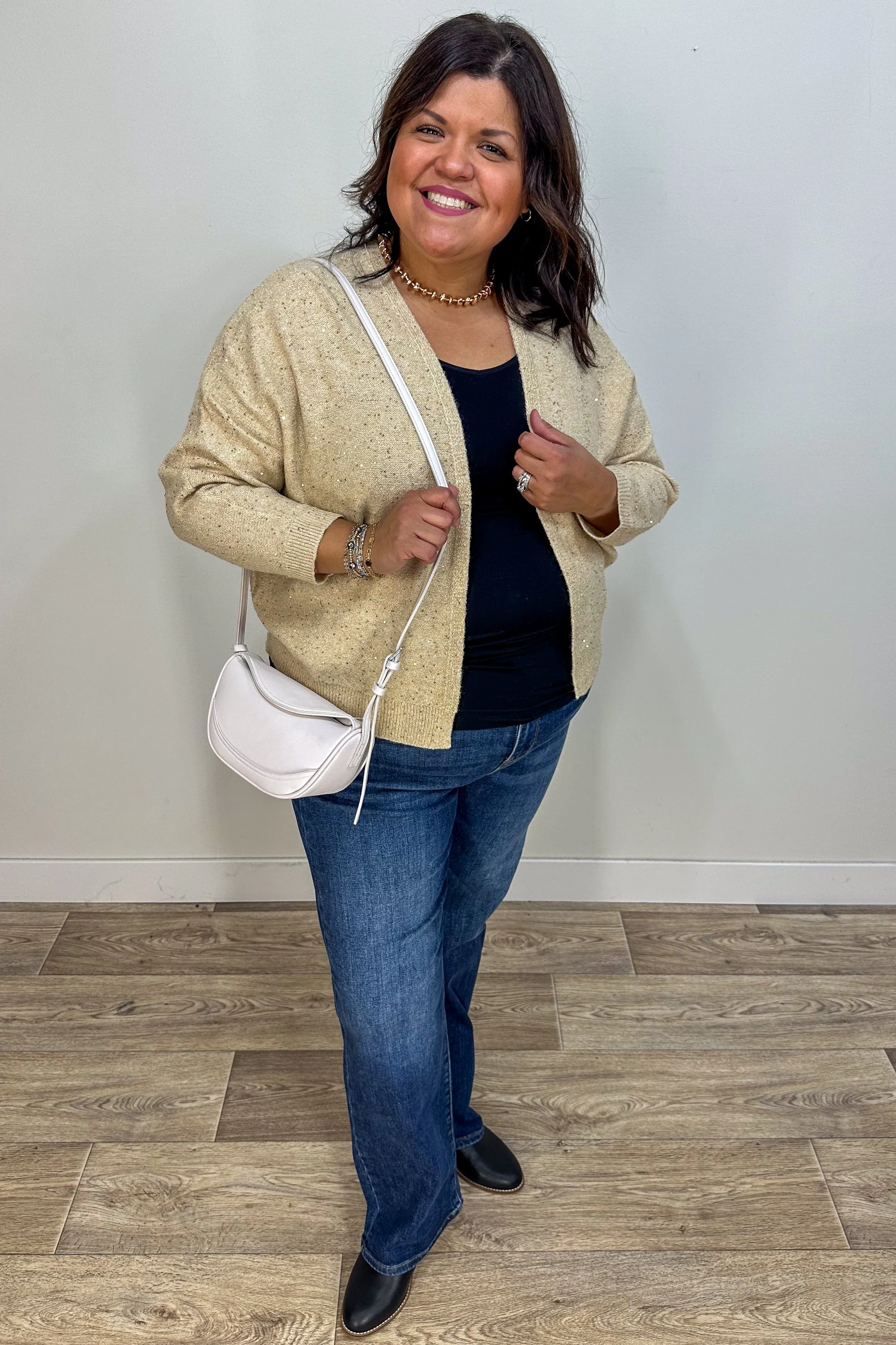 Taupe & Gold Beaded Yarn Cardigan