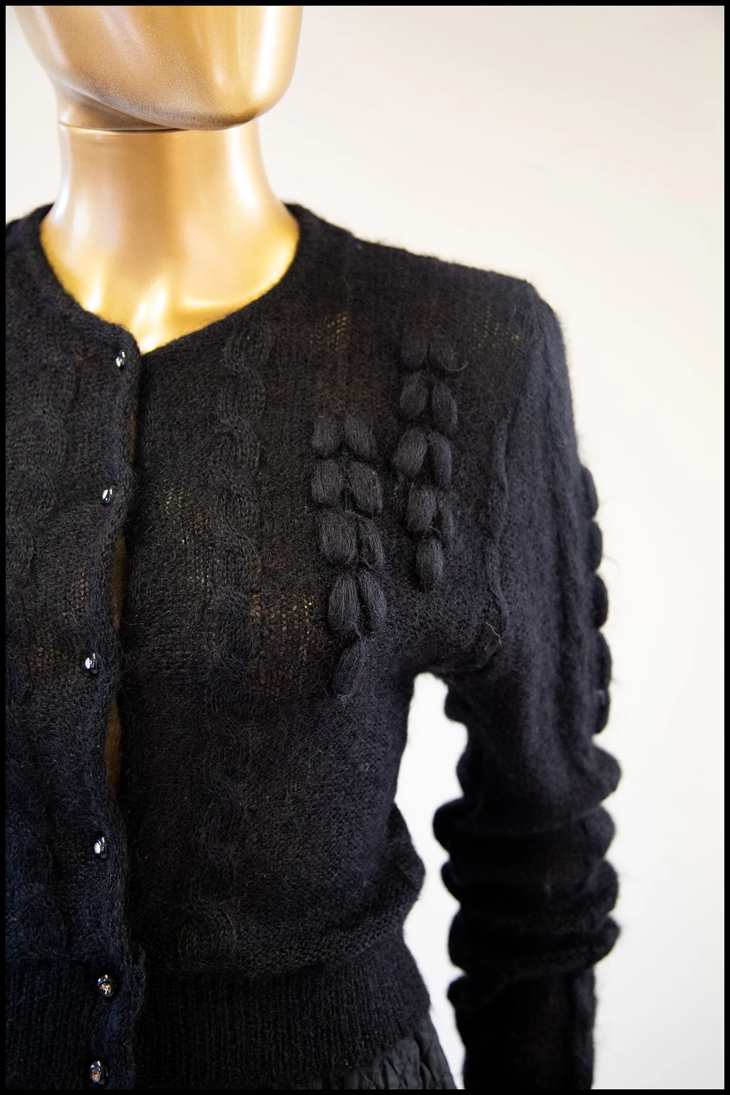 Vintage 1980s Black Mohair Hand Knit Cardigan