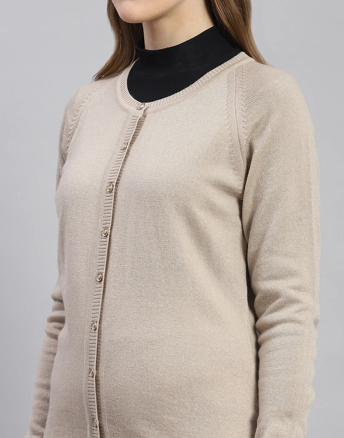 Women Beige Solid Round Neck Full Sleeve Cardigan