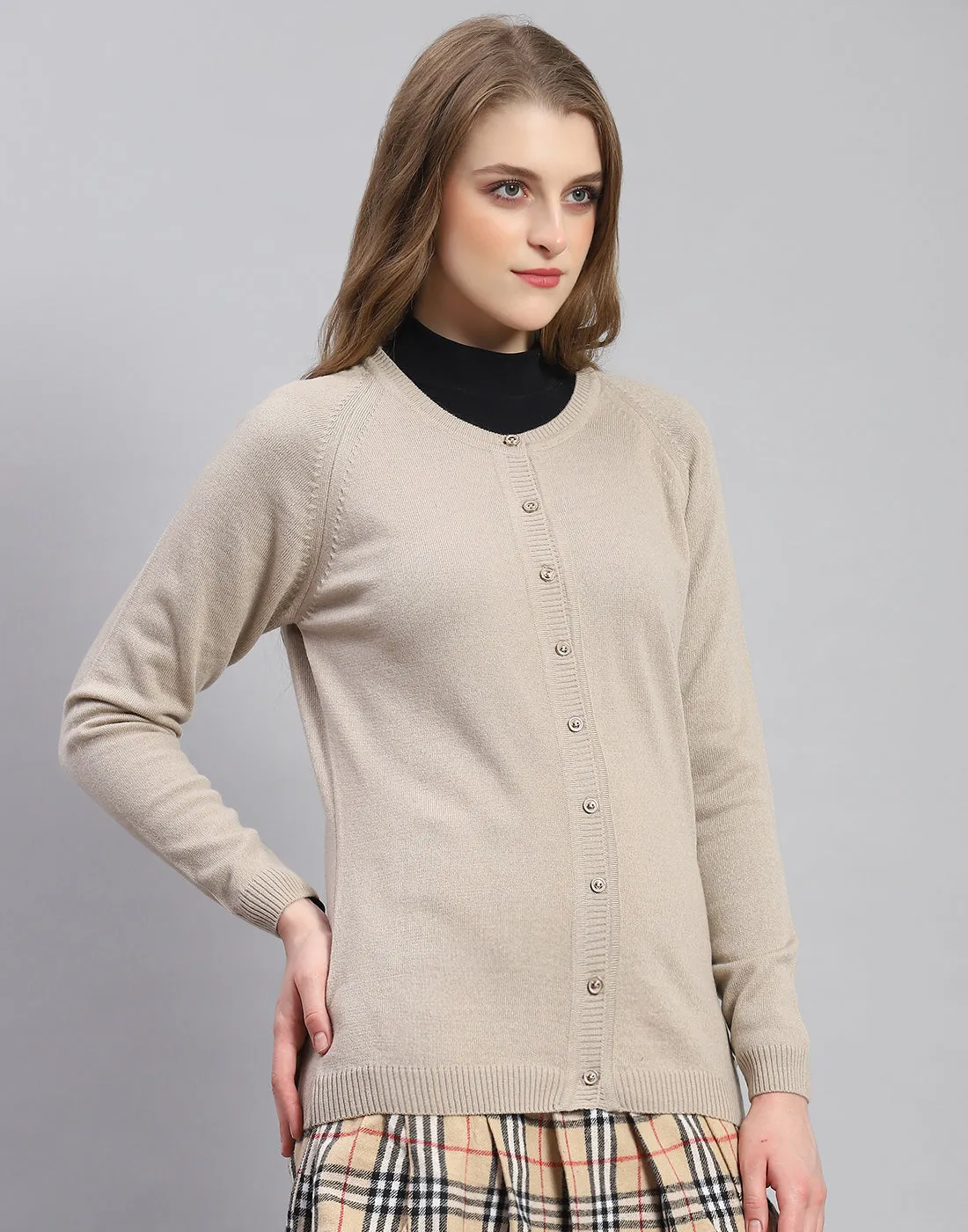 Women Beige Solid Round Neck Full Sleeve Cardigan
