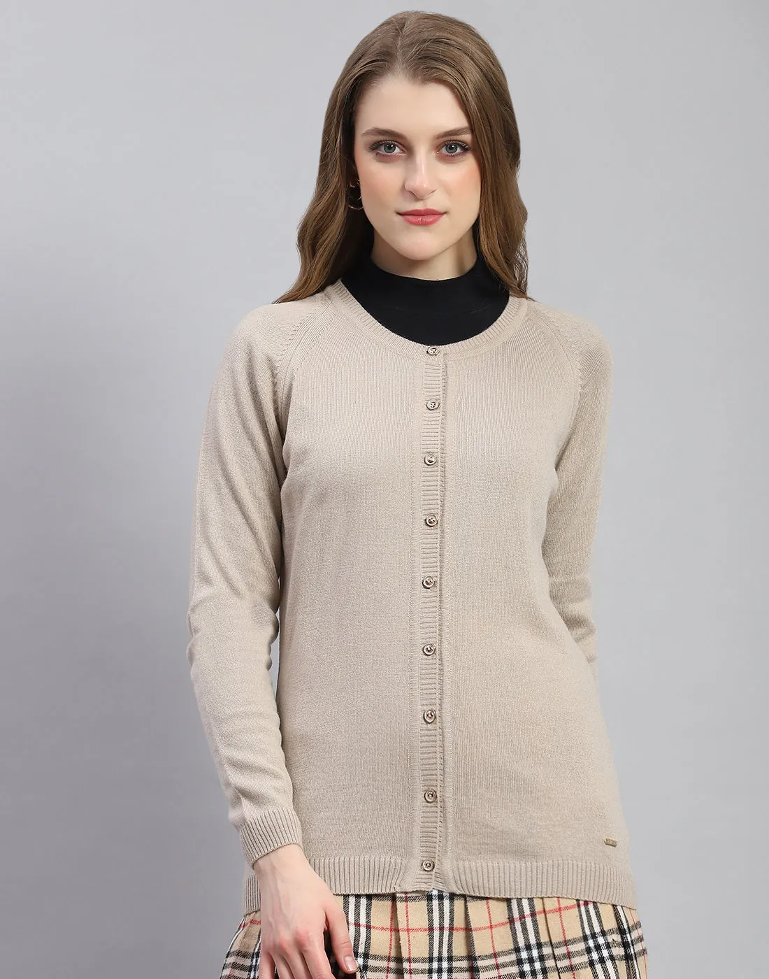 Women Beige Solid Round Neck Full Sleeve Cardigan