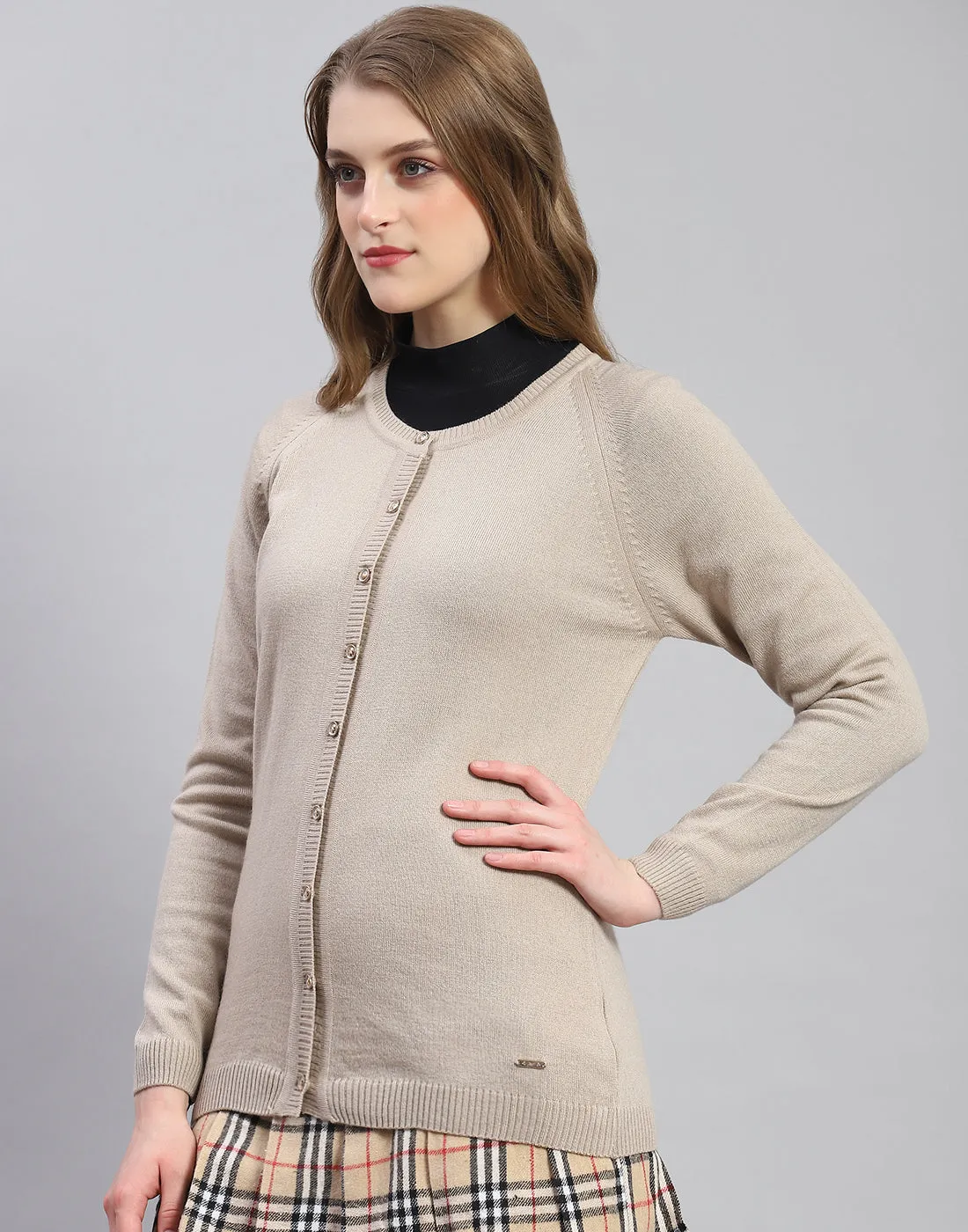 Women Beige Solid Round Neck Full Sleeve Cardigan