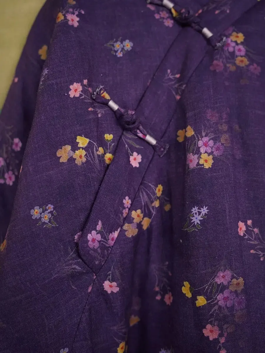 Women Floral Print Linen Padded Coat