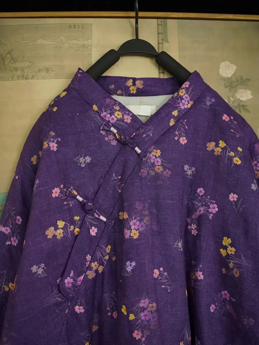 Women Floral Print Linen Padded Coat