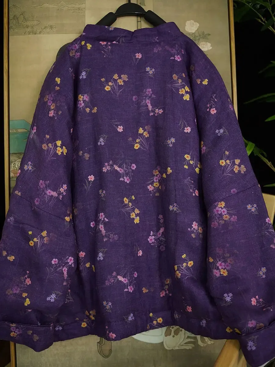 Women Floral Print Linen Padded Coat